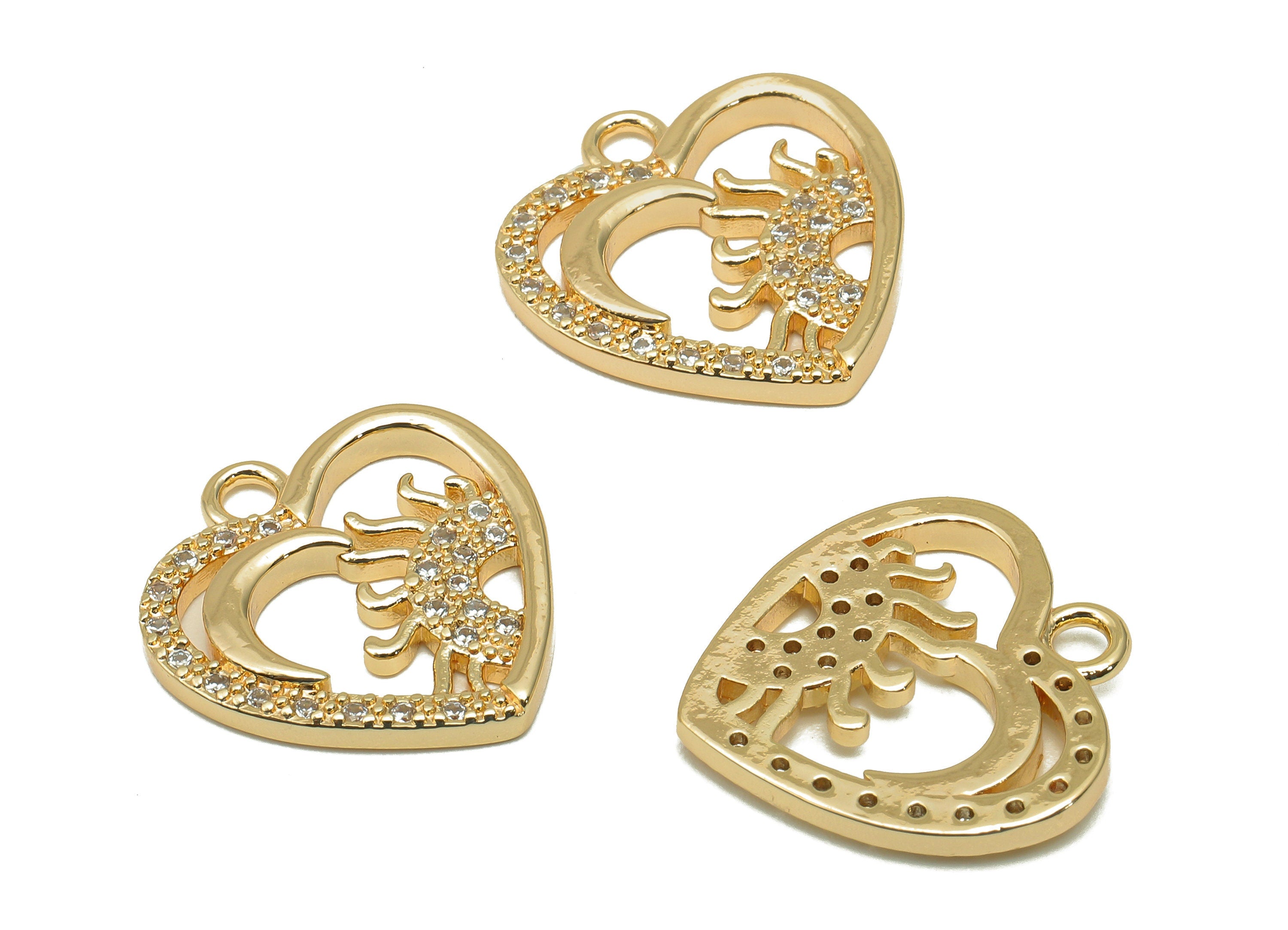 Brass Crescent Heart Earring Charm - Zircon Sun Dots Earring - Spot Heart Pendant With Loop - 18K Real Gold Plating - 17.9x17x2.1mm-RGP5594 - DOMEDBAZAAR