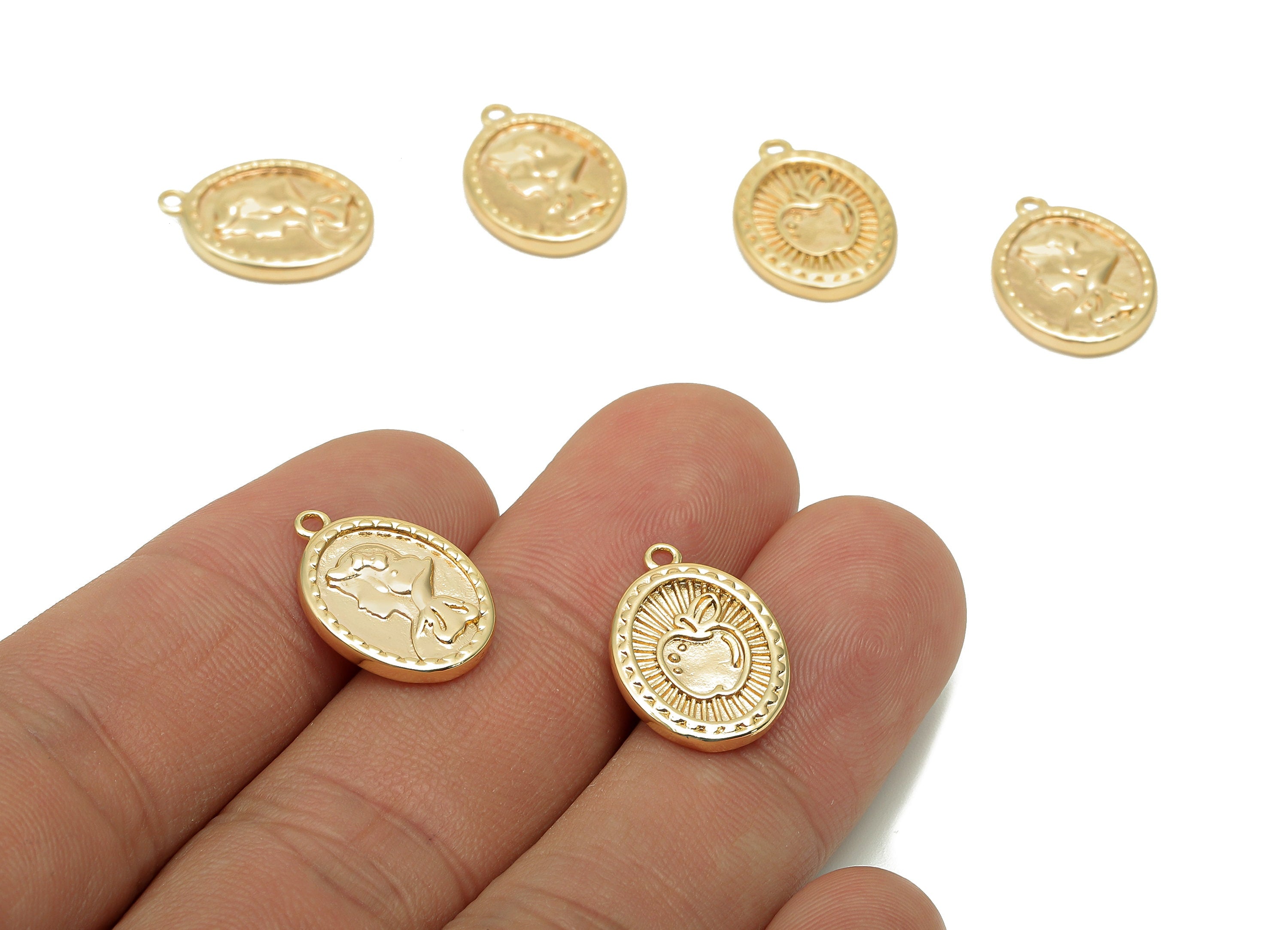 Brass Relief Portrait Oval Earring - Gold Textured Apple Charm - Pendant With Loop - 18K Real Gold Plating - 17.5x12.4x2.4mm - RGP5623 - DOMEDBAZAAR