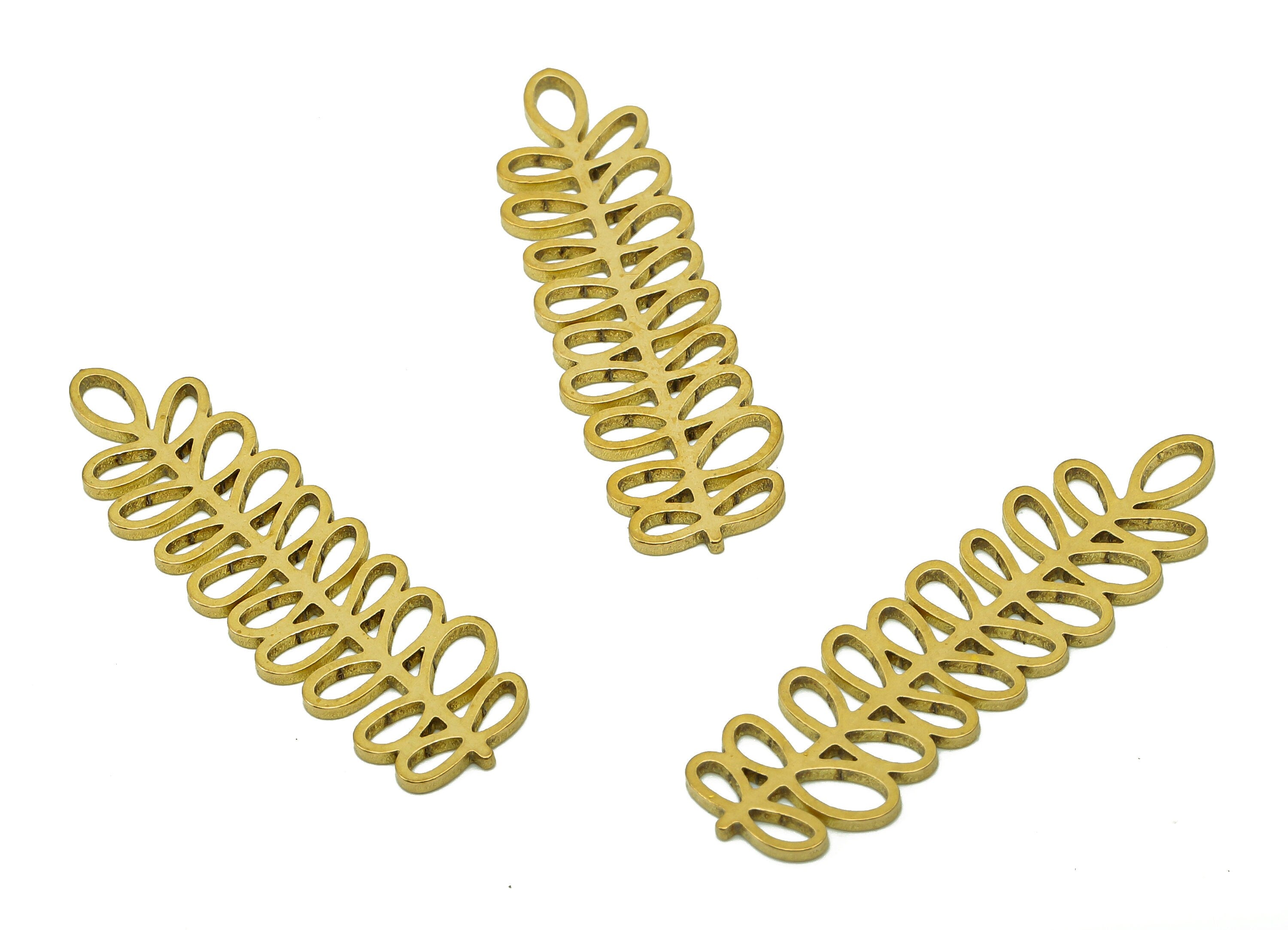 Brass Leaves Earring Charms - Raw Brass Plant Cutout Earring - Botanical Pendant - Leaf Branch Charm - 35x10.3x0.8mm - PPA6361 - DOMEDBAZAAR