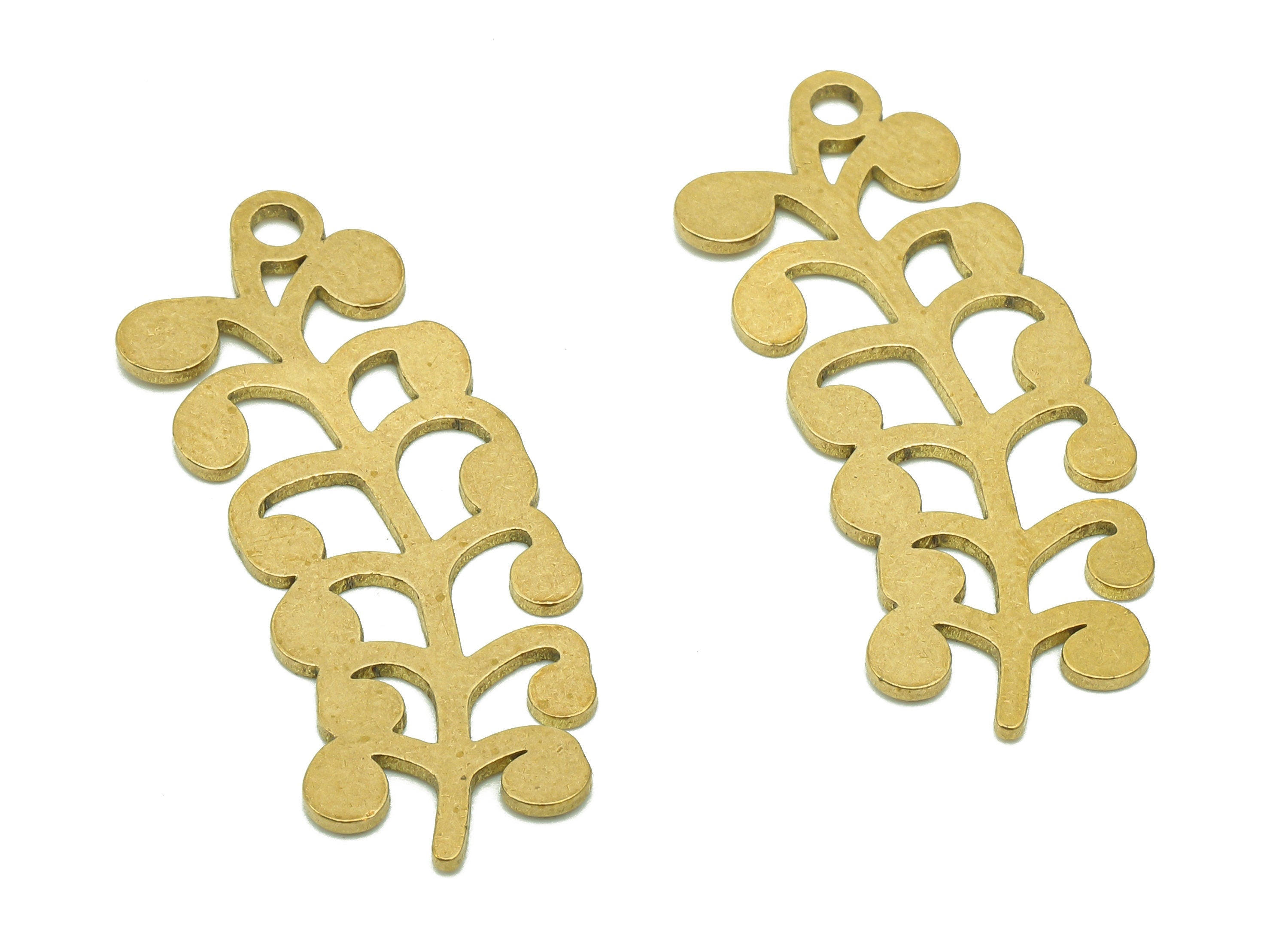 Brass Flower Earring Charms - Raw Brass Flower Earring - Branch Pendant With Loop - Botanical Charm For Necklace - 35x14x0.8mm - PPA6366 - DOMEDBAZAAR