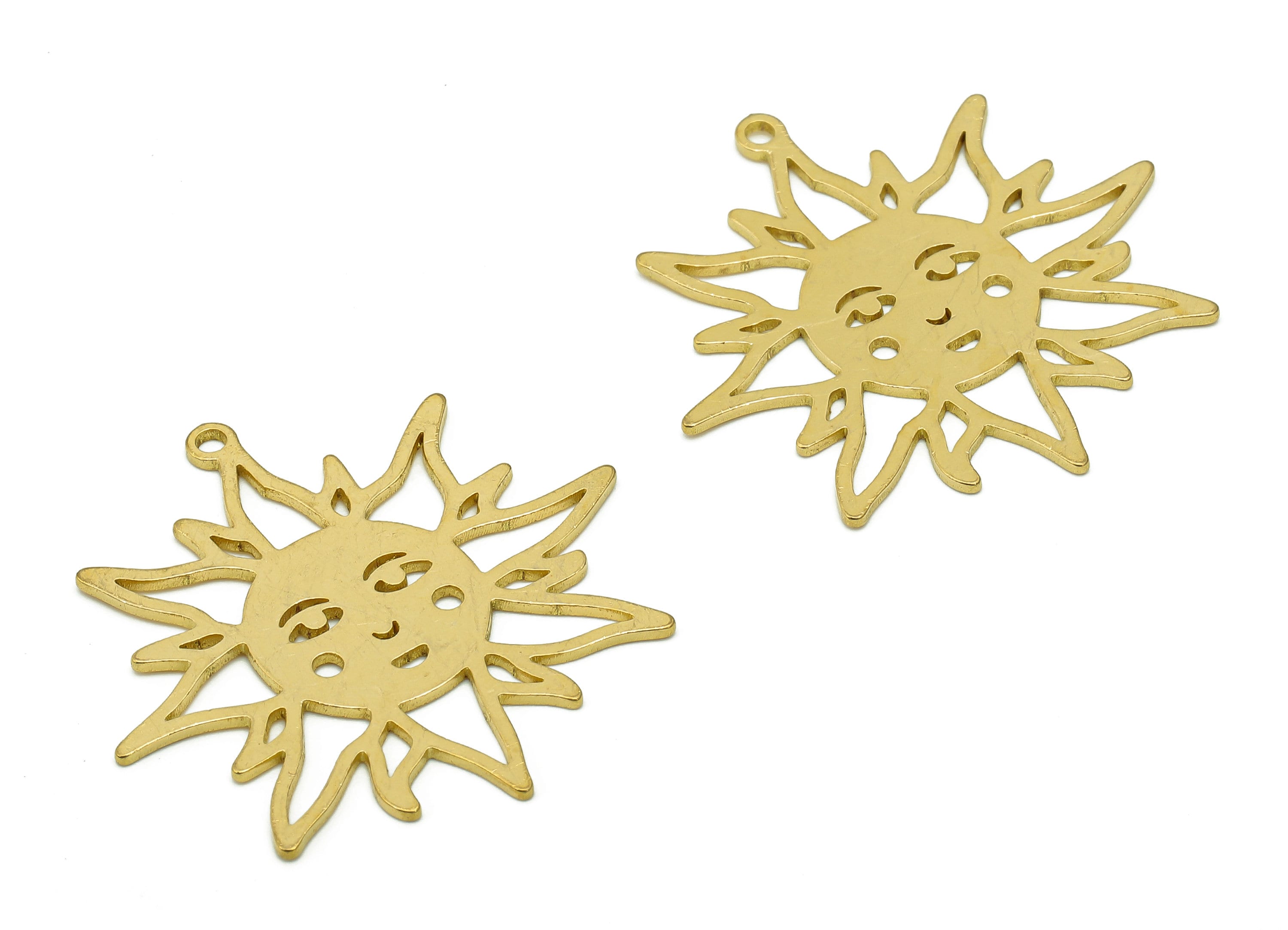 Brass Sun Face Earring Charms - Raw Brass Face Earring - Pendant With Loop - Sun Face Charm For Necklace - 31.9x31.8x0.8mm - PPA6367 - DOMEDBAZAAR