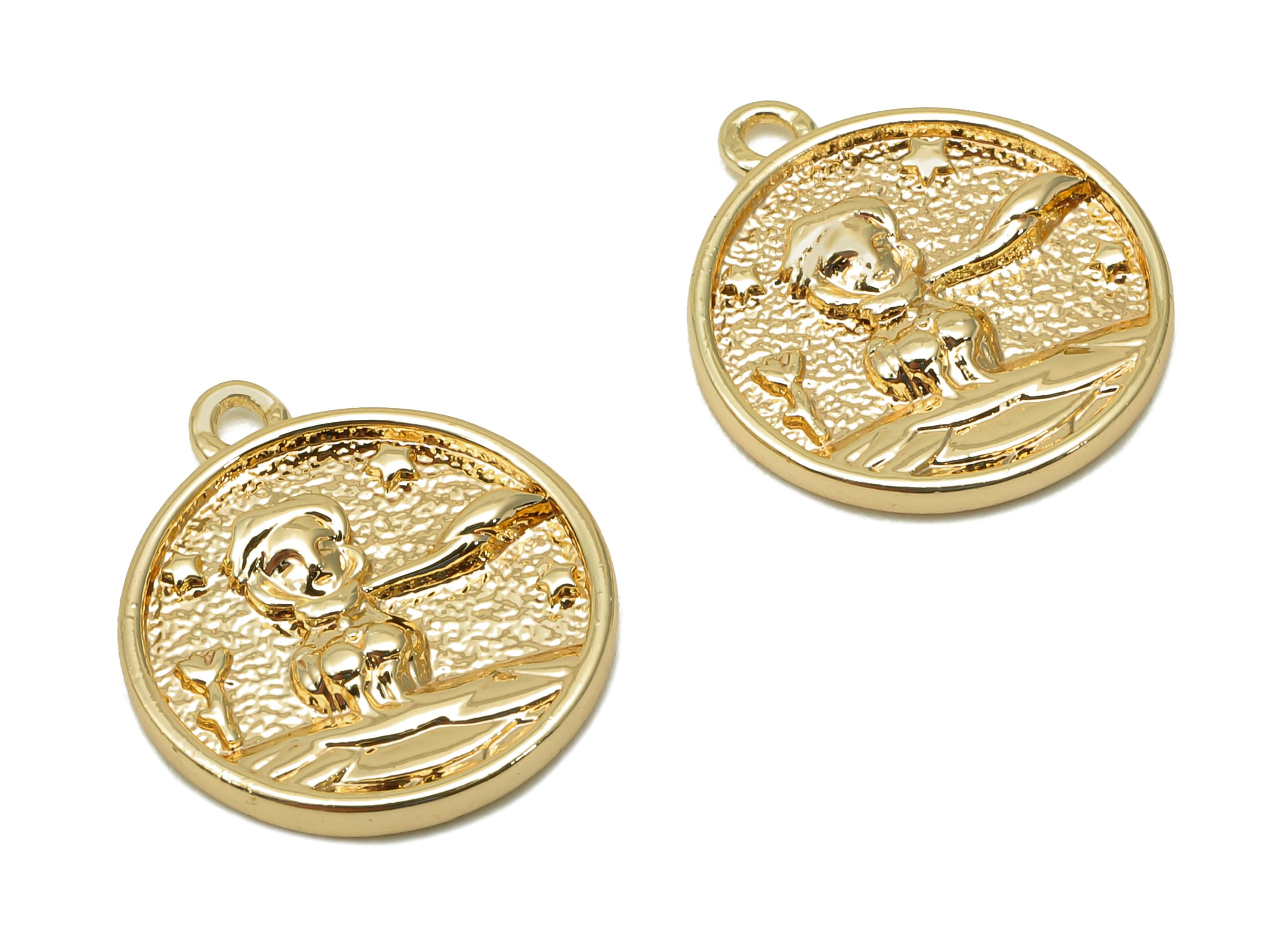 Brass Relief Portrait Round Earring - Gold Circle Necklace Style Charm - Pendant With Loop - 18K Real Gold Plating - 16.4x14.3x2mm - RGP5627 - DOMEDBAZAAR