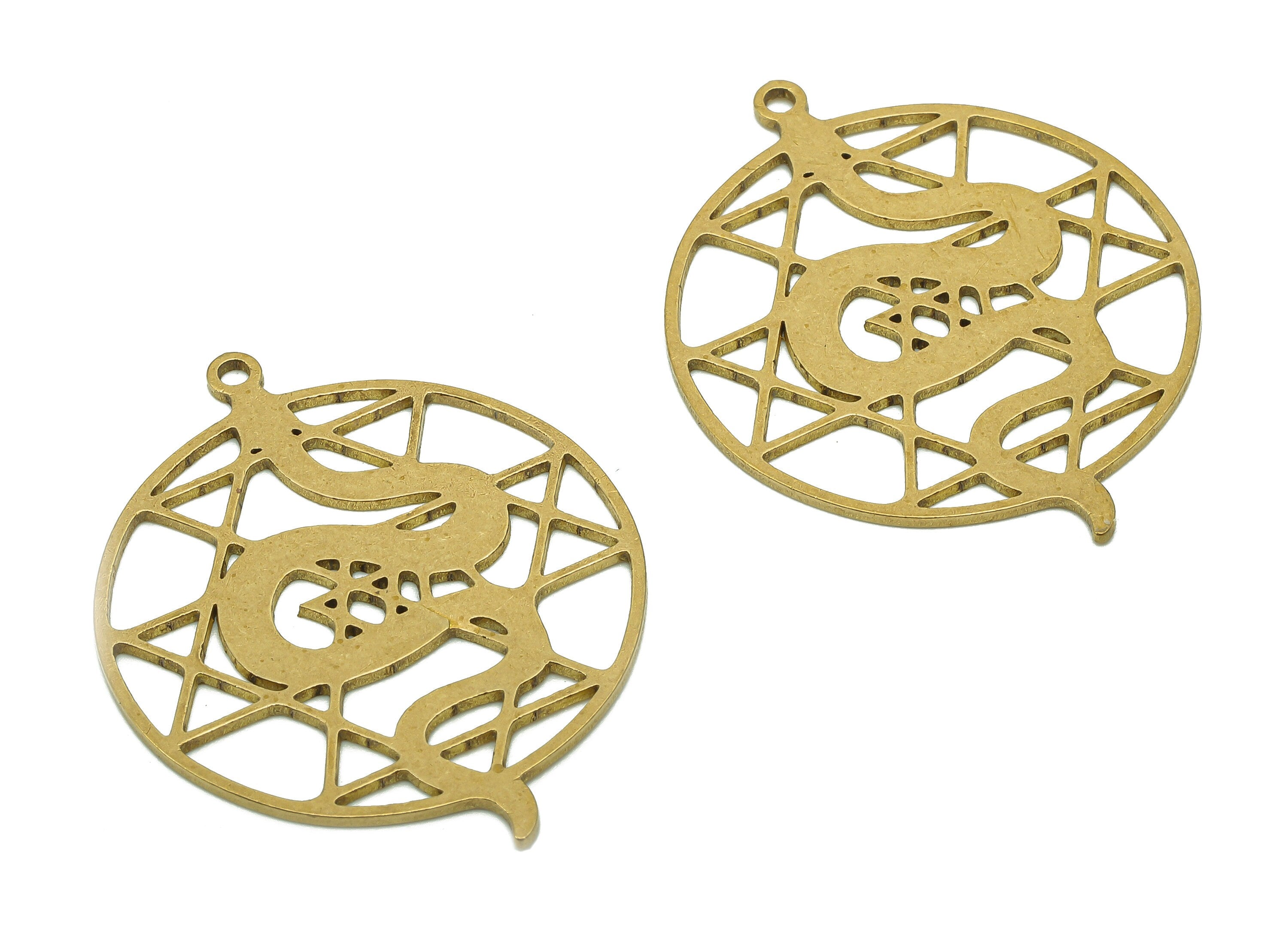 Brass Round Snake Earring Charms - Raw Brass Snake Earring - Circle Pendant With Loop - Snake Charm - 34.9x27.6x0.8mm - PPA6389 - DOMEDBAZAAR