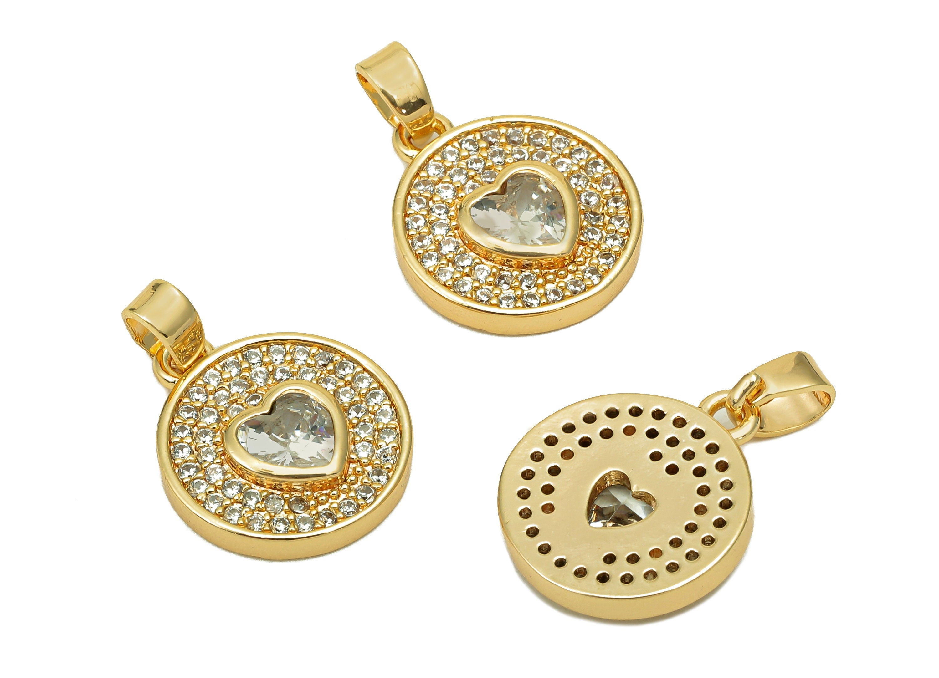 Brass Round Zircon Heart Pendant - Zircon Dots Circle Earring - Spot Necklace Charm With Loop - 18K Real Gold Plating - 18.5x13x3mm -RGP5639 - DOMEDBAZAAR