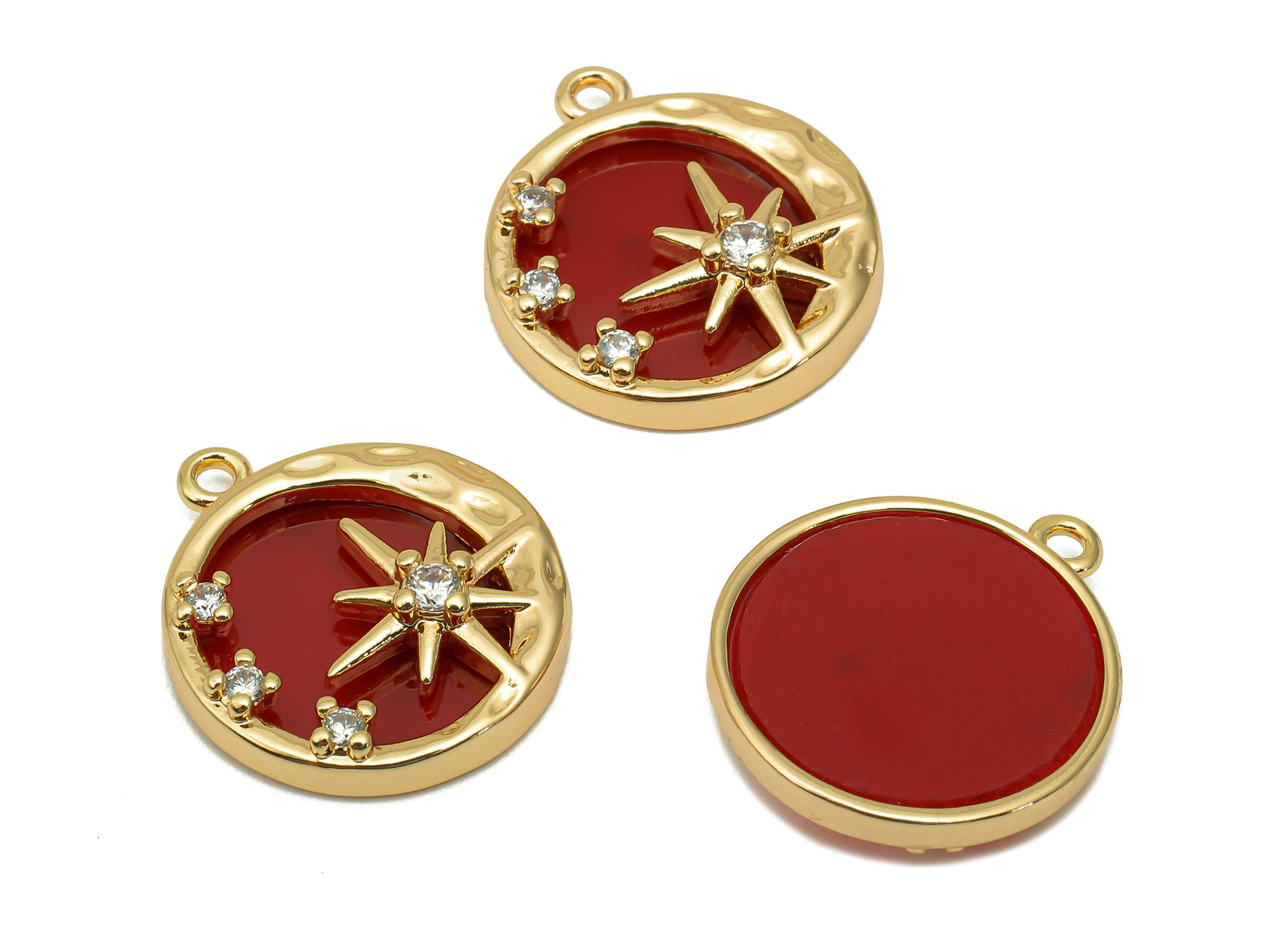 Brass Red Round Crescent Charm - Enamel Circle Zircon Star Earring - Pendant With Loop - 18K Real Gold Plating - 19.1x16.6x3.9mm-RGP5645 - DOMEDBAZAAR