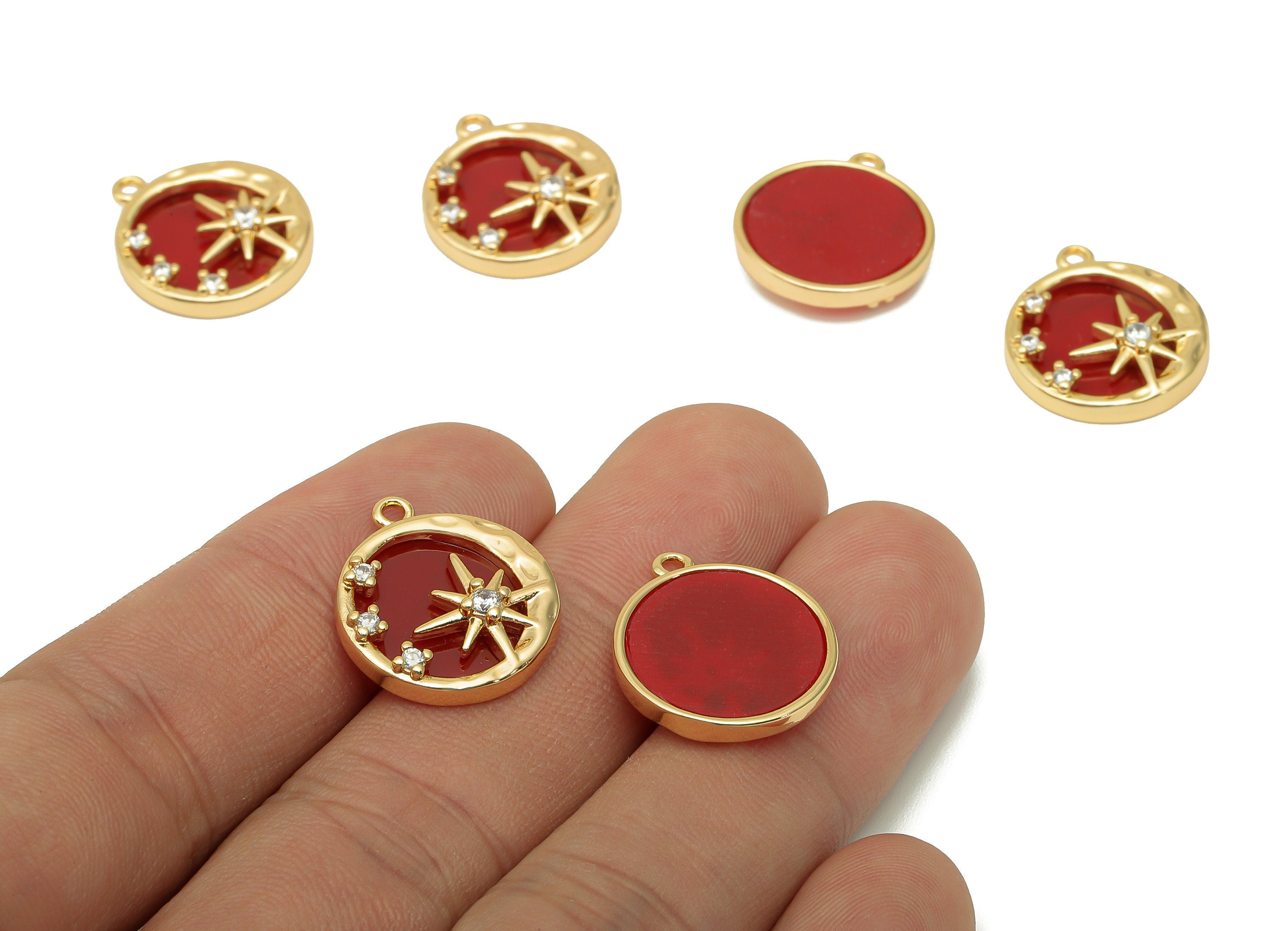 Brass Red Round Crescent Charm - Enamel Circle Zircon Star Earring - Pendant With Loop - 18K Real Gold Plating - 19.1x16.6x3.9mm-RGP5645 - DOMEDBAZAAR