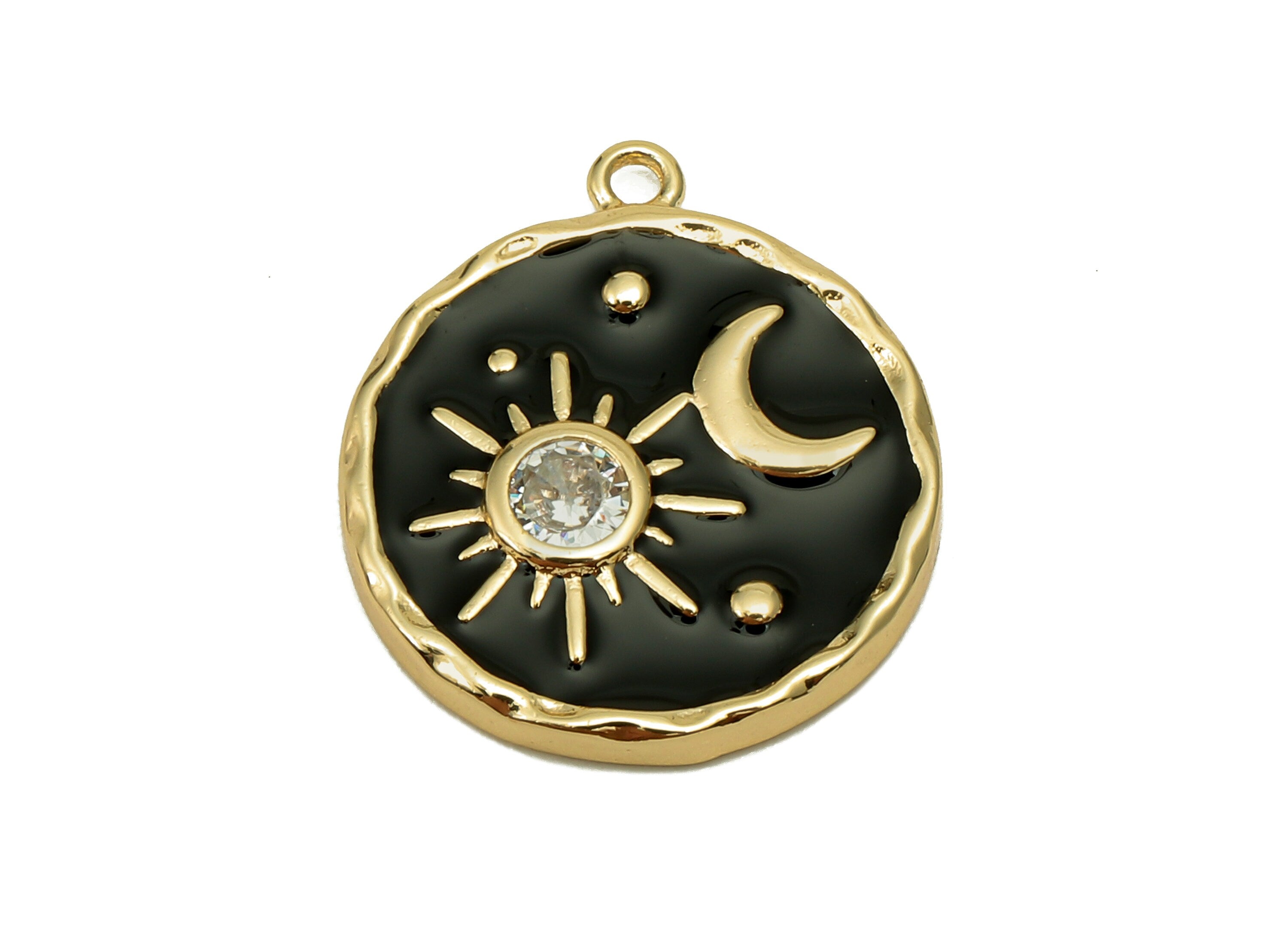 Brass Black Round Crescent Charm - Enamel Circle Zircon Star Earring - Pendant With Loop - 18K Real Gold Plating - 19.1x16.6x2.6mm - RGP5646 - DOMEDBAZAAR