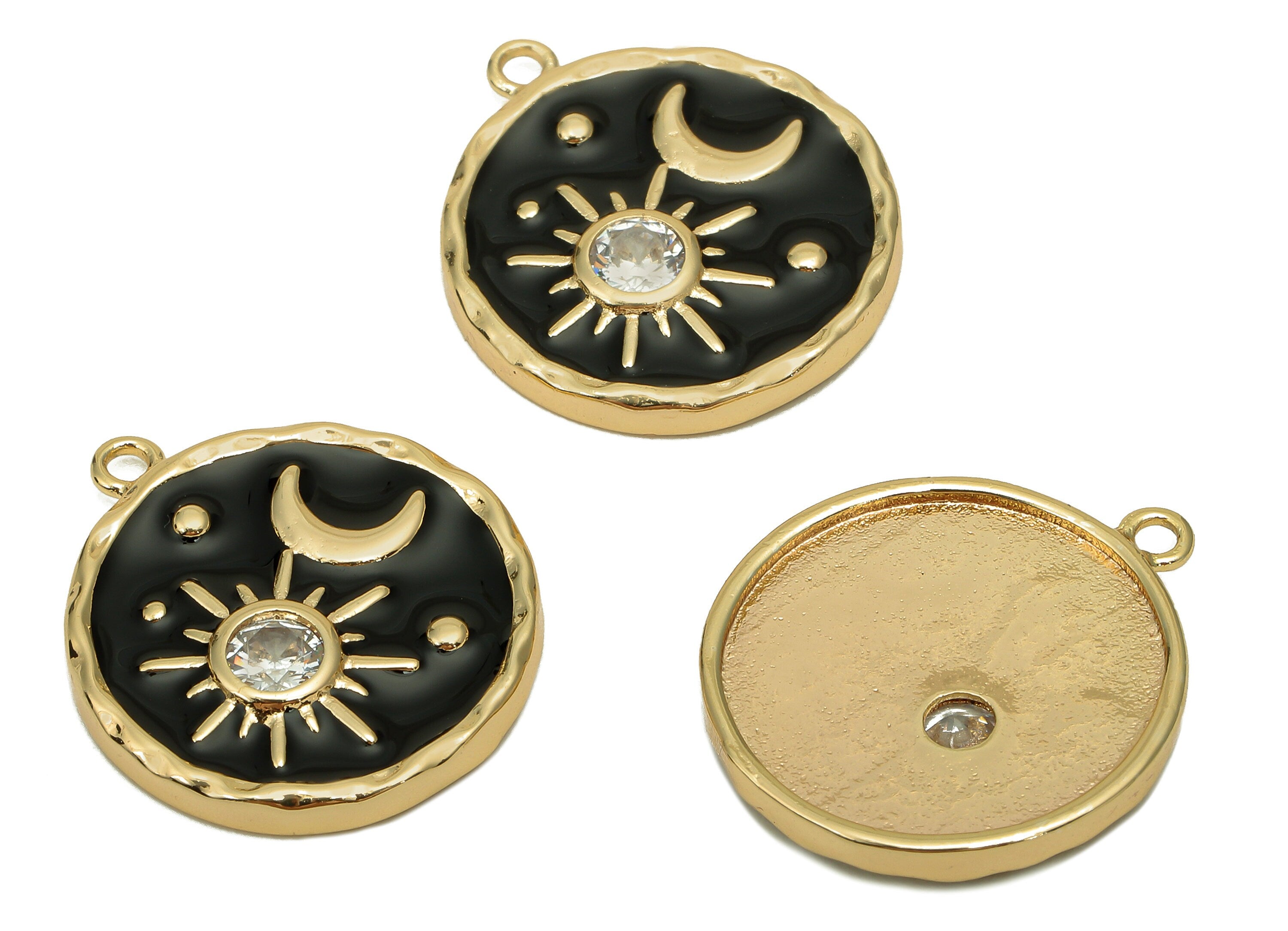 Brass Black Round Crescent Charm - Enamel Circle Zircon Star Earring - Pendant With Loop - 18K Real Gold Plating - 19.1x16.6x2.6mm - RGP5646 - DOMEDBAZAAR