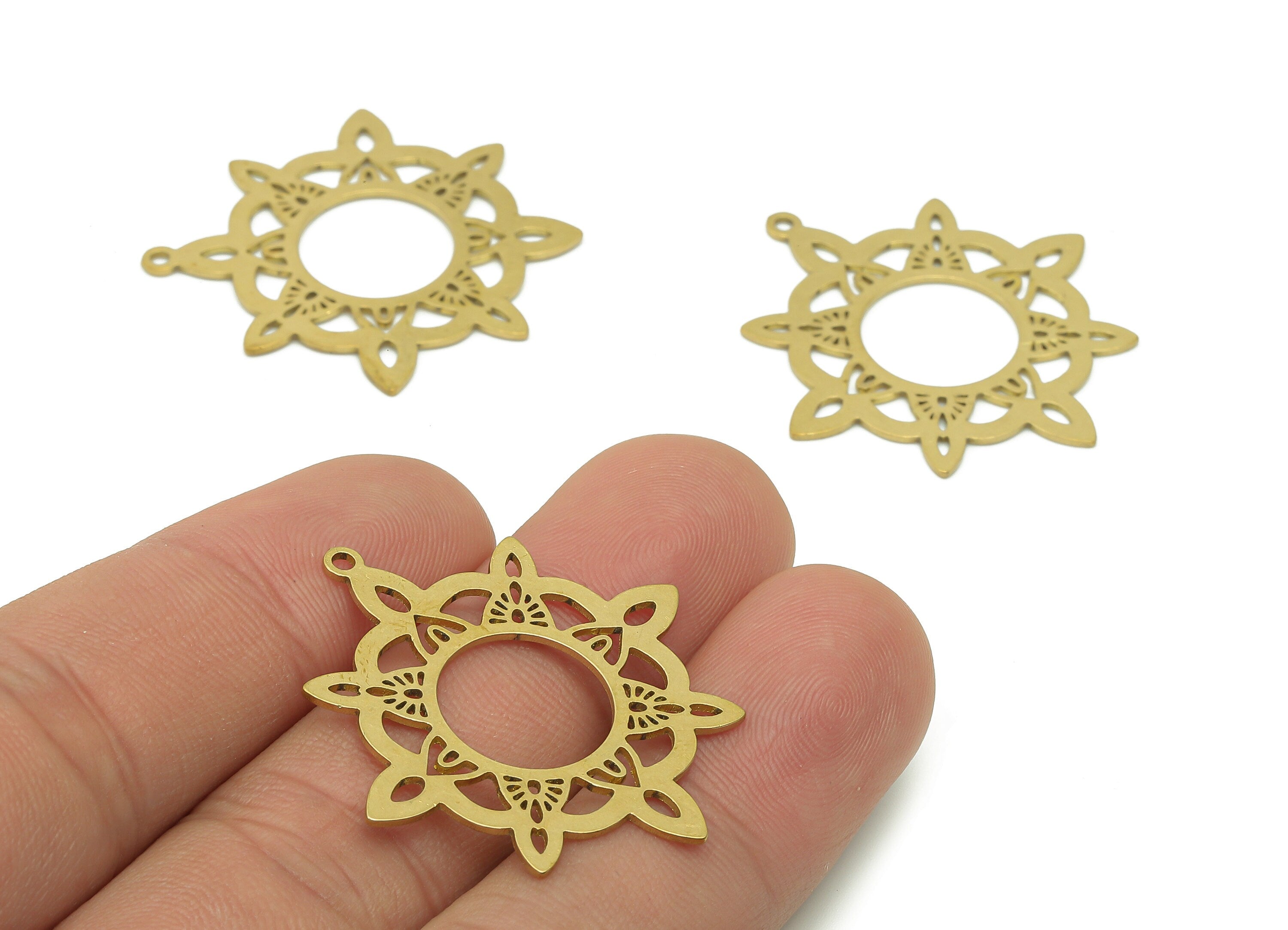 Brass Flower Rudder Earring Charms - Raw Brass Round Earring - Pendant With Loop - Botanical Charm For Necklace - 34.9x32.5x0.6mm - PPA6421 - DOMEDBAZAAR