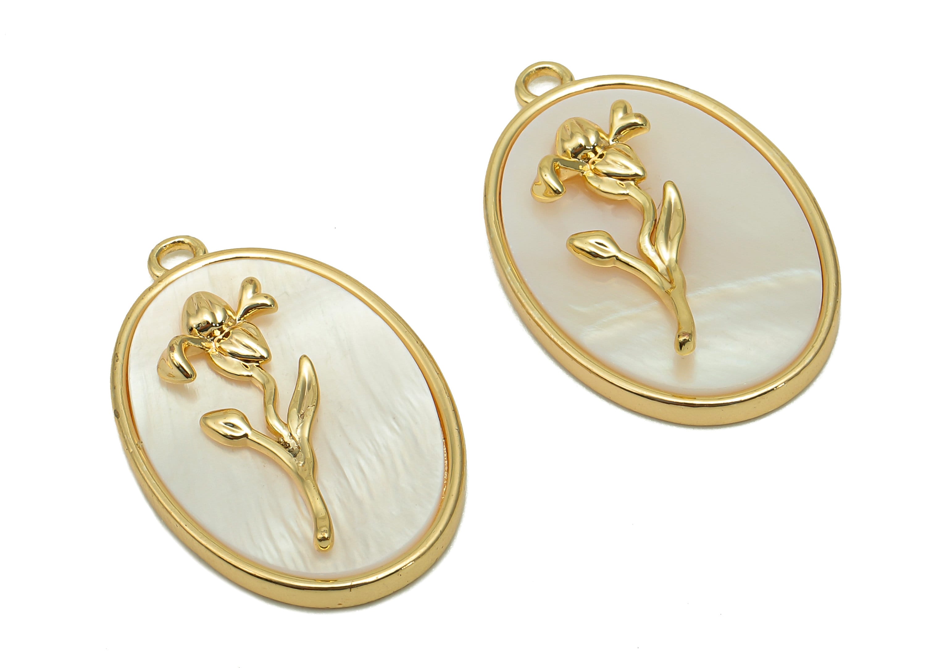 Brass Flower Shell Oval Earring - Pearl Drop Iris Pendant - Necklace Charm With Loop - 18K Real Gold Plating - 27.1x17.8x4.3mm - RGP5647B - DOMEDBAZAAR