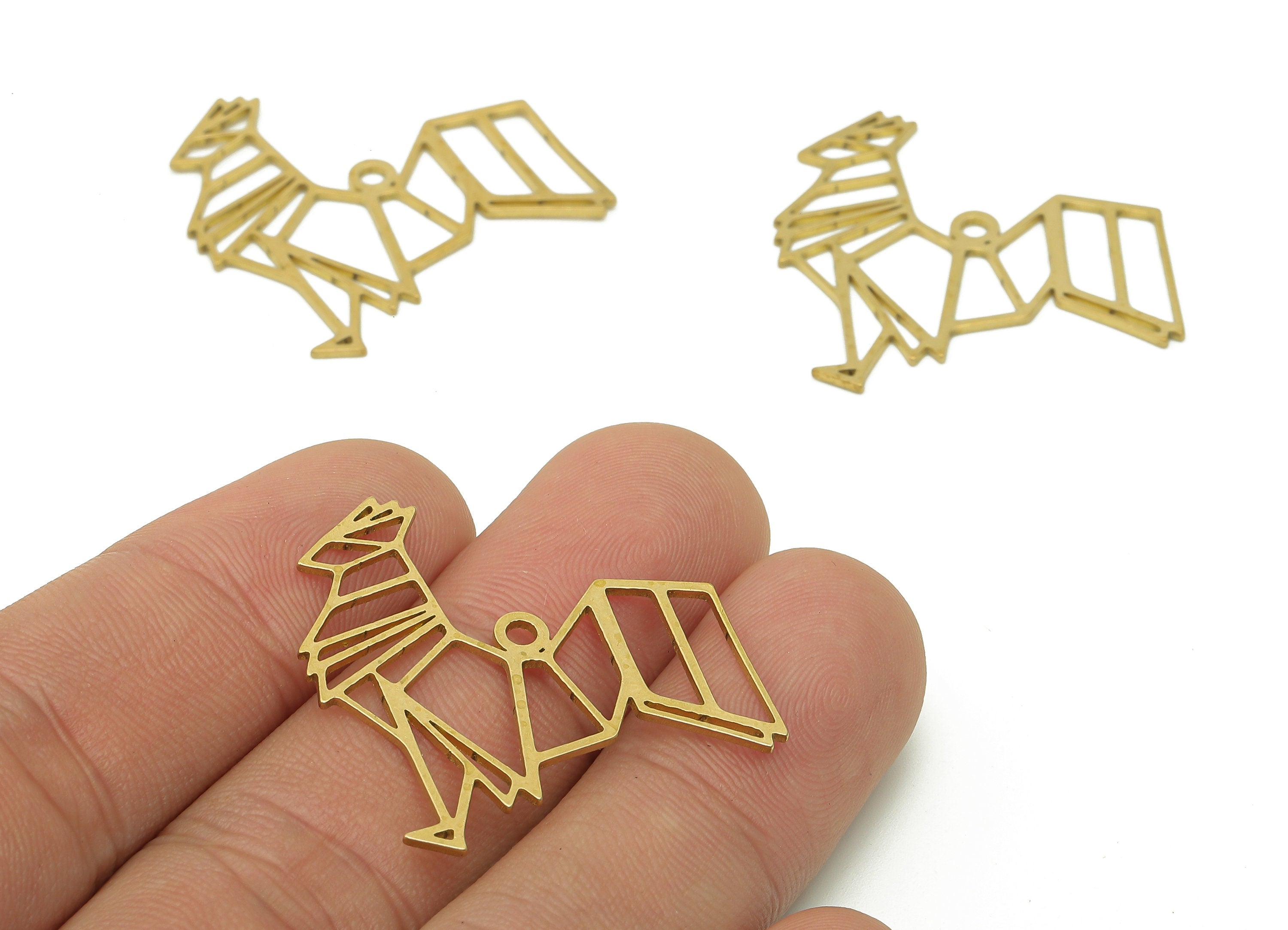 Brass Rooster Earring Charms - Raw Brass Geometry Earring - Cock Pendant With Loop - Animal Charm For Necklace - 34.1x28.7x0.7mm - PPA6483 - DOMEDBAZAAR
