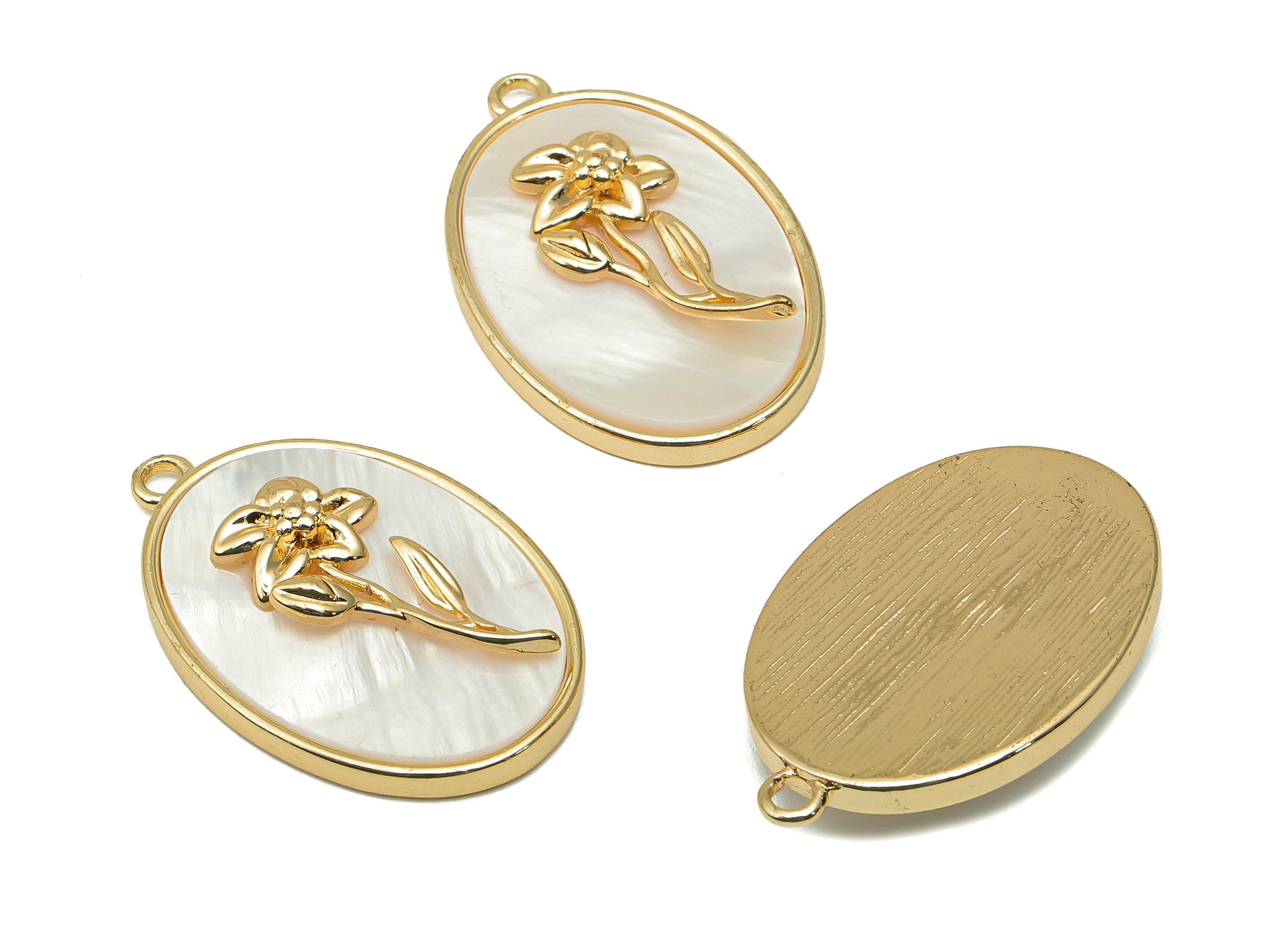 Brass Flower Shell Oval Earring - Pearl Drop Daffodil Pendant - Necklace Charm With Loop - 18K Real Gold Plating - 27.1x17.8x4.3mm -RGP5647C - DOMEDBAZAAR