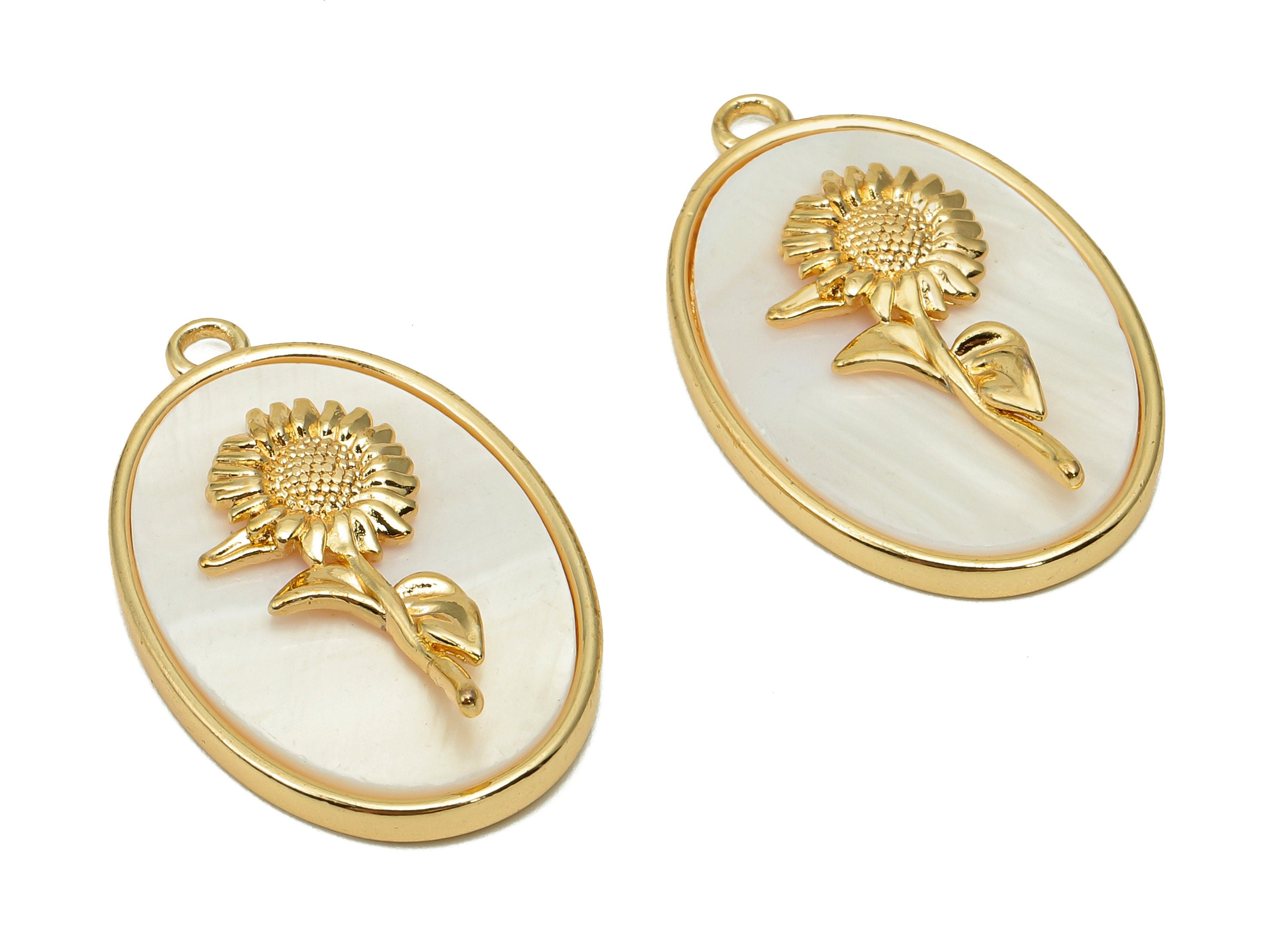 Brass Flower Shell Oval Earring - Pearl Drop Daisy Pendant - Necklace Charm With Loop - 18K Real Gold Plating - 27.1x17.8x4.3mm - RGP5647F - DOMEDBAZAAR