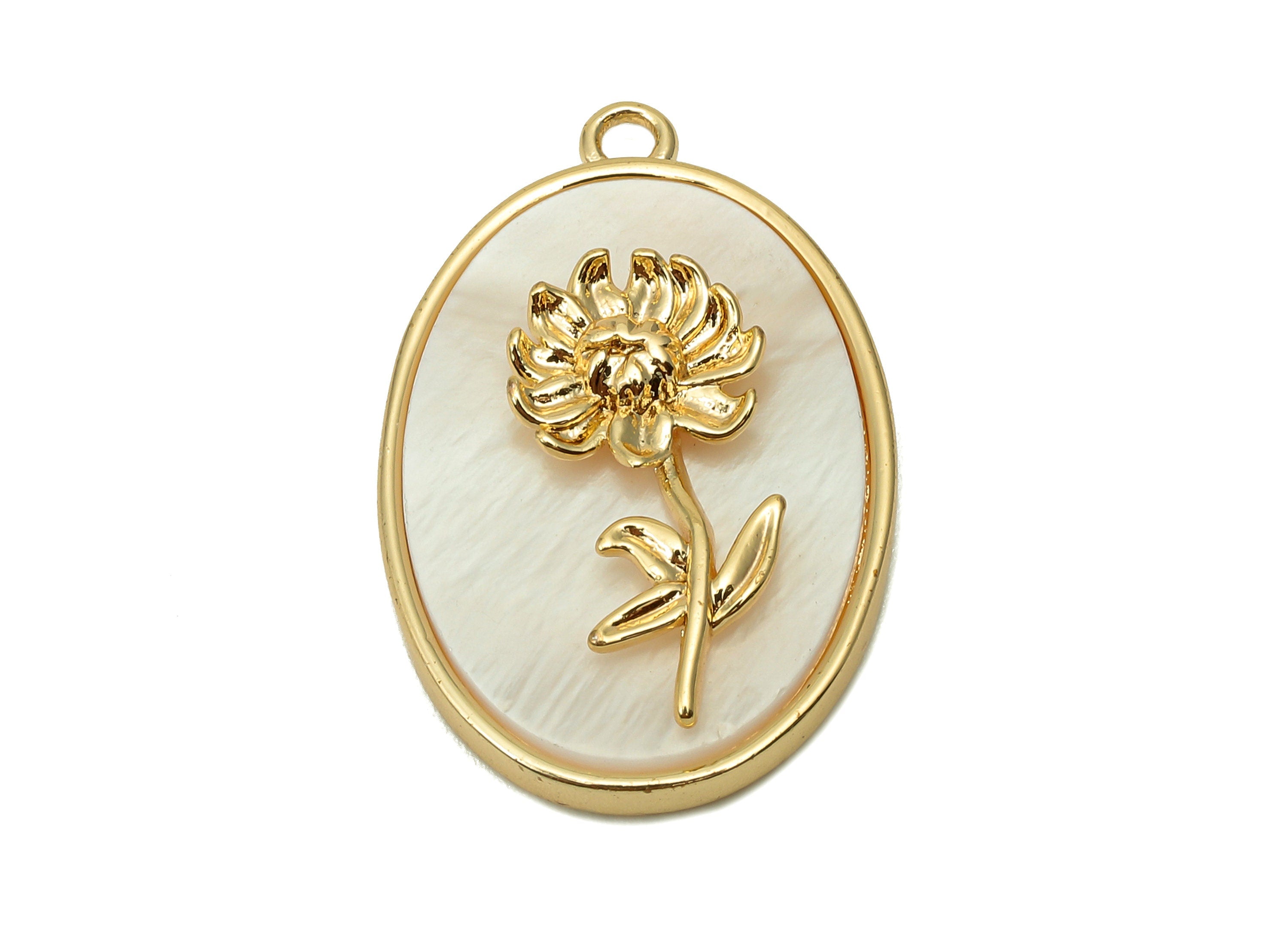Brass Flower Shell Oval Earring - Pearl Drop Chrysanthemum Pendant - Charm With Loop - 18K Real Gold Plating - 27.1x17.8x4.3mm - RGP5647L - DOMEDBAZAAR