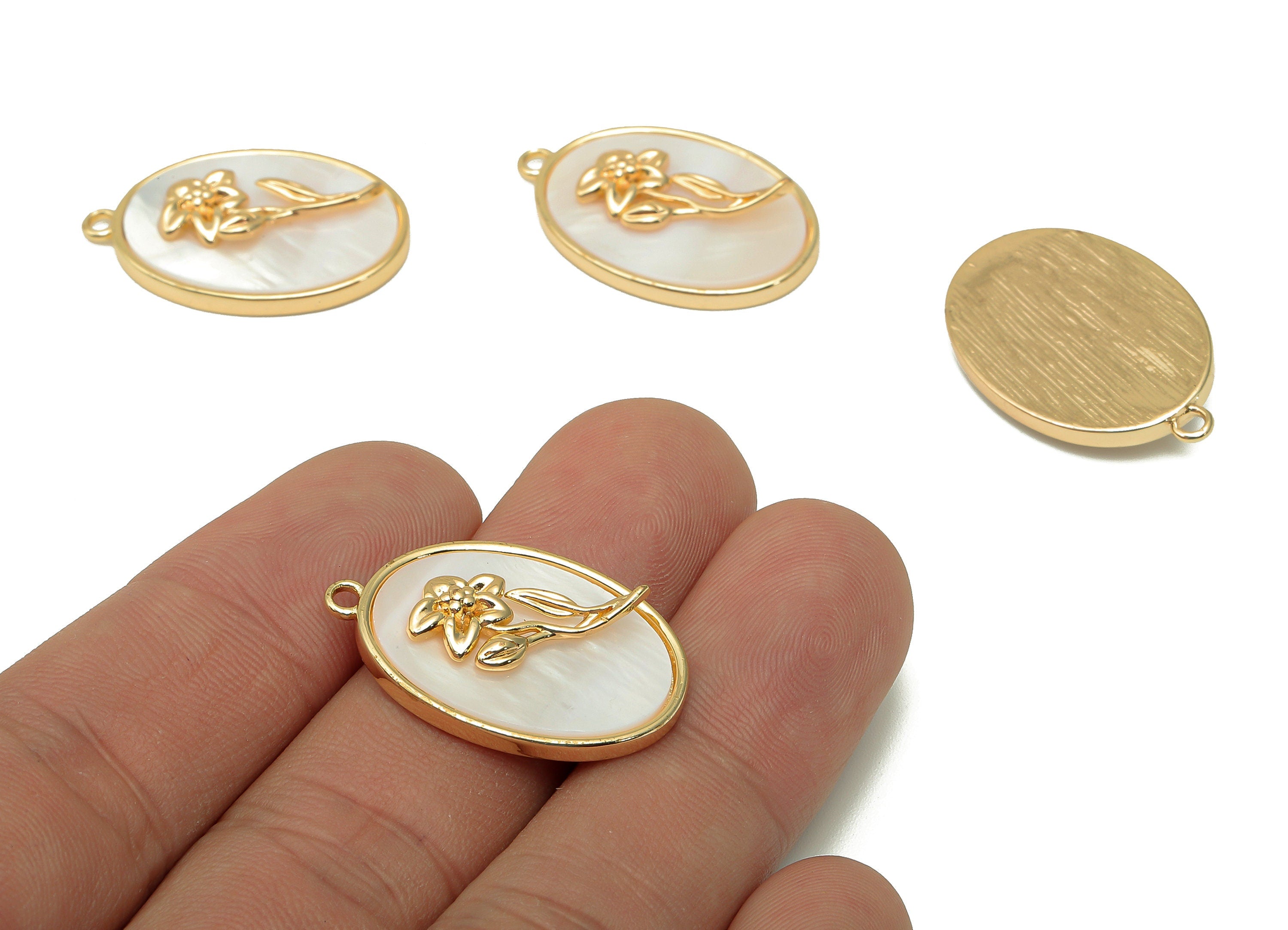 Brass Flower Shell Oval Earring - Pearl Drop Daffodil Pendant - Necklace Charm With Loop - 18K Real Gold Plating - 27.1x17.8x4.3mm -RGP5647C - DOMEDBAZAAR