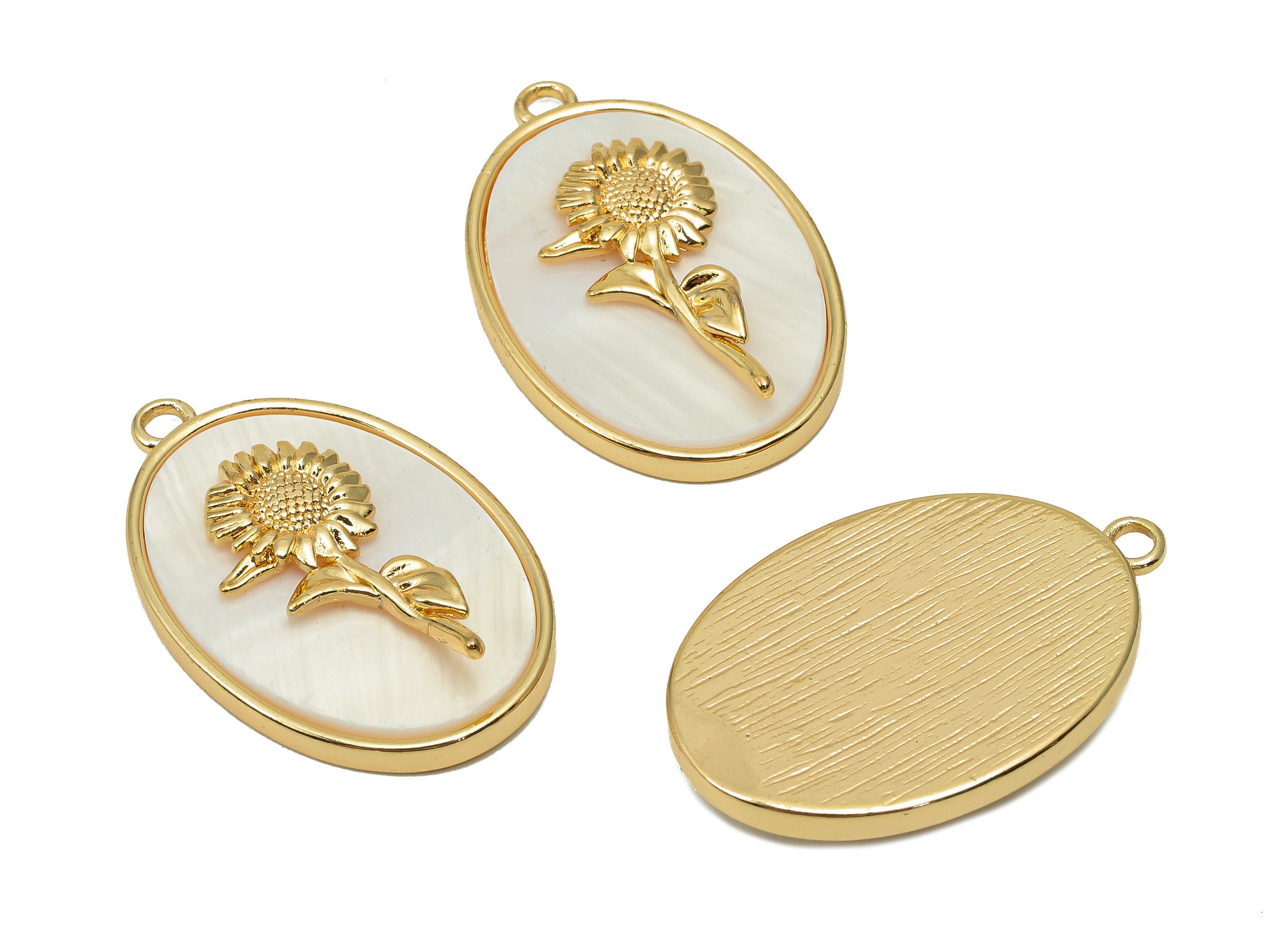 Brass Flower Shell Oval Earring - Pearl Drop Daisy Pendant - Necklace Charm With Loop - 18K Real Gold Plating - 27.1x17.8x4.3mm - RGP5647F - DOMEDBAZAAR