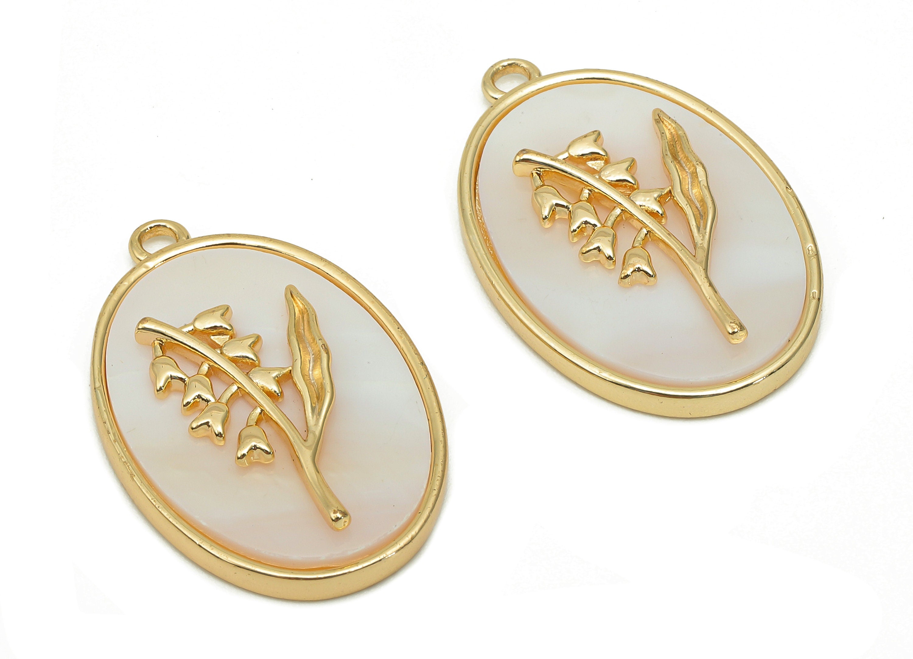Brass Flower Shell Oval Earring - Pearl Drop Lily Pendant - Necklace Charm With Loop - 18K Real Gold Plating - 27.1x17.8x4.3mm - RGP5647E - DOMEDBAZAAR