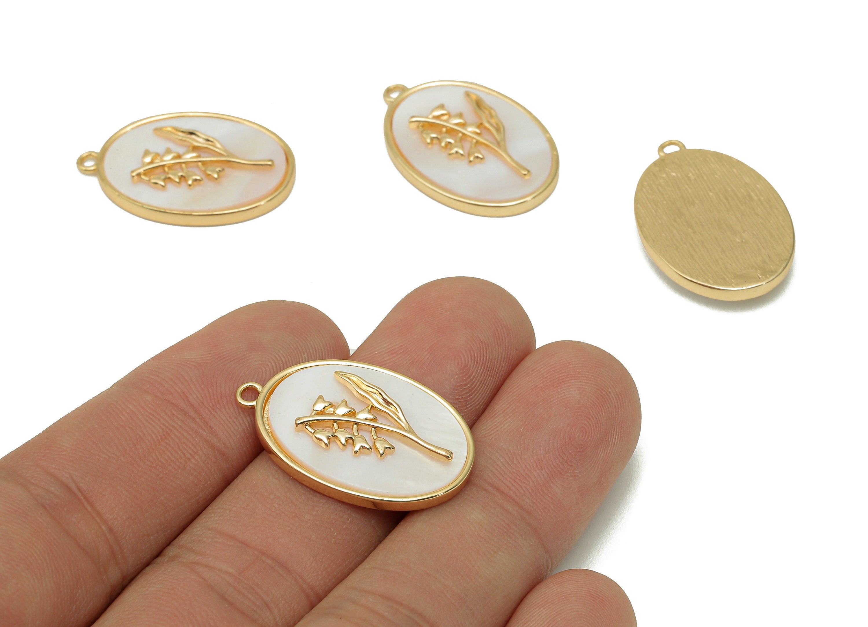 Brass Flower Shell Oval Earring - Pearl Drop Lily Pendant - Necklace Charm With Loop - 18K Real Gold Plating - 27.1x17.8x4.3mm - RGP5647E - DOMEDBAZAAR