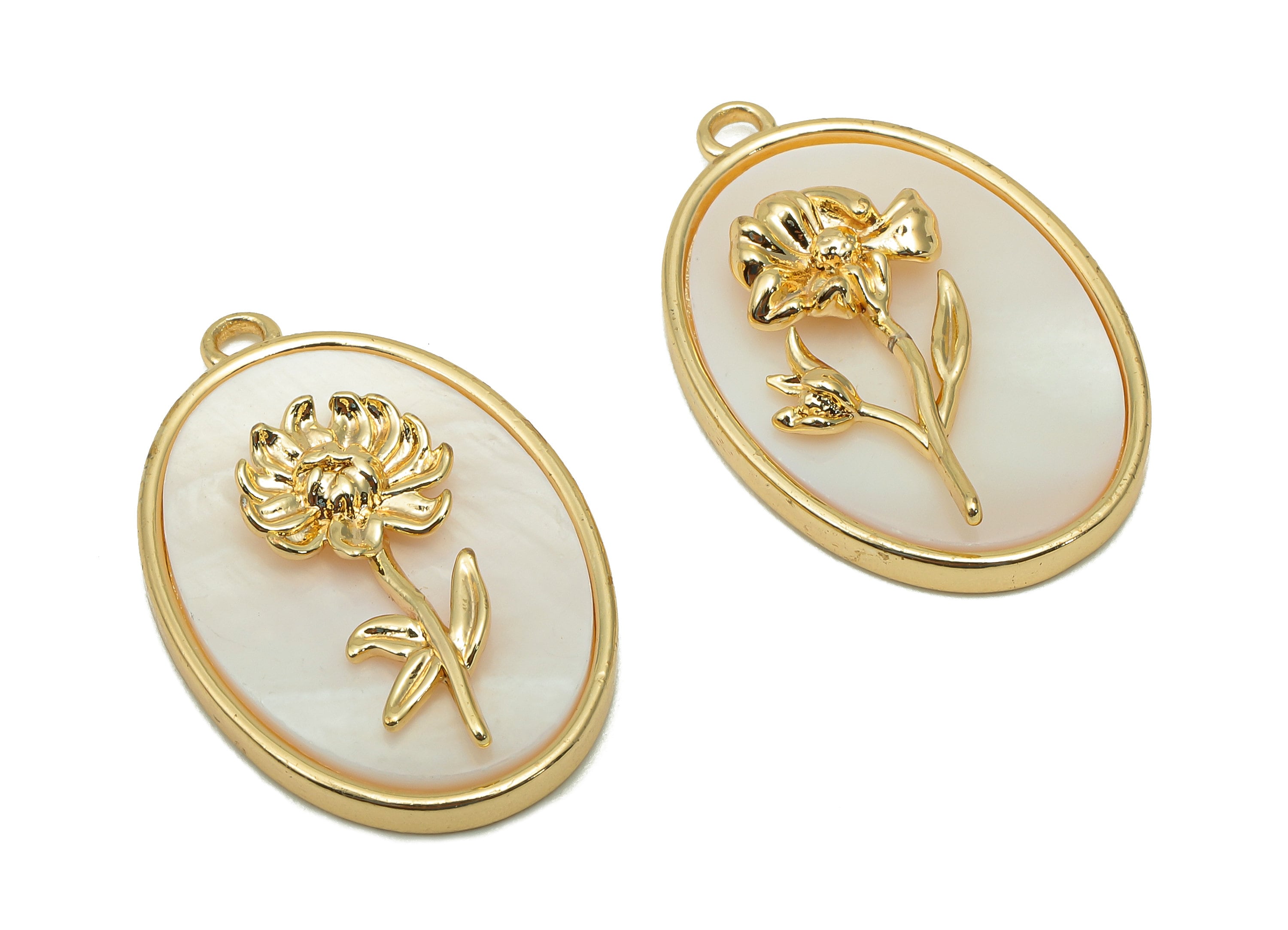 Brass Flower Shell Oval Earring - Pearl Drop Marigold Pendant - Necklace Charm With Loop - 18K Real Gold Plating - 27.1x17.8x4.3mm -RGP5647K - DOMEDBAZAAR