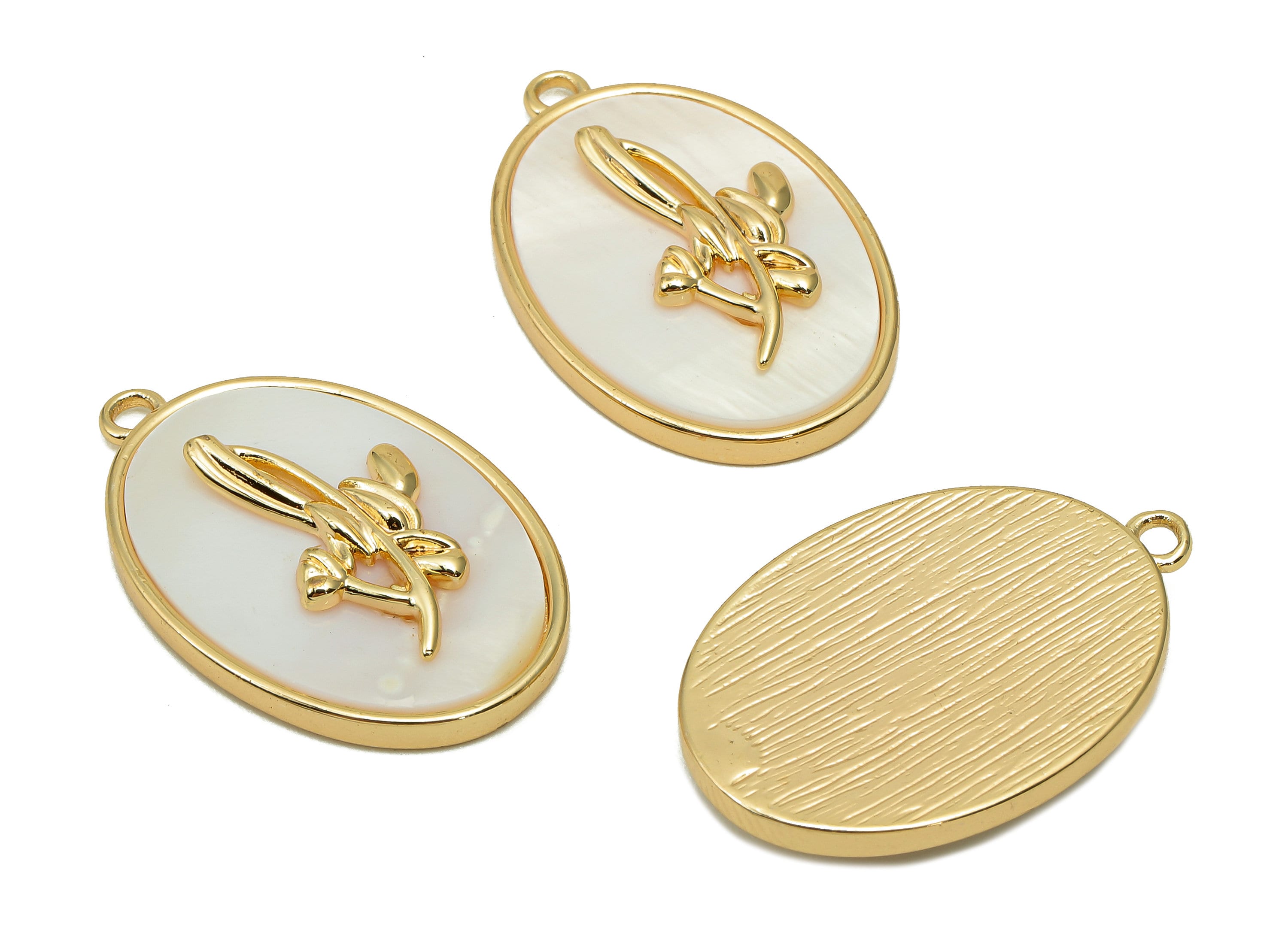 Brass Flower Shell Oval Earring - Pearl Drop Snowdrop Pendant - Necklace Charm With Loop - 18K Real Gold Plating - 27.1x17.8x4.3mm -RGP5647H - DOMEDBAZAAR