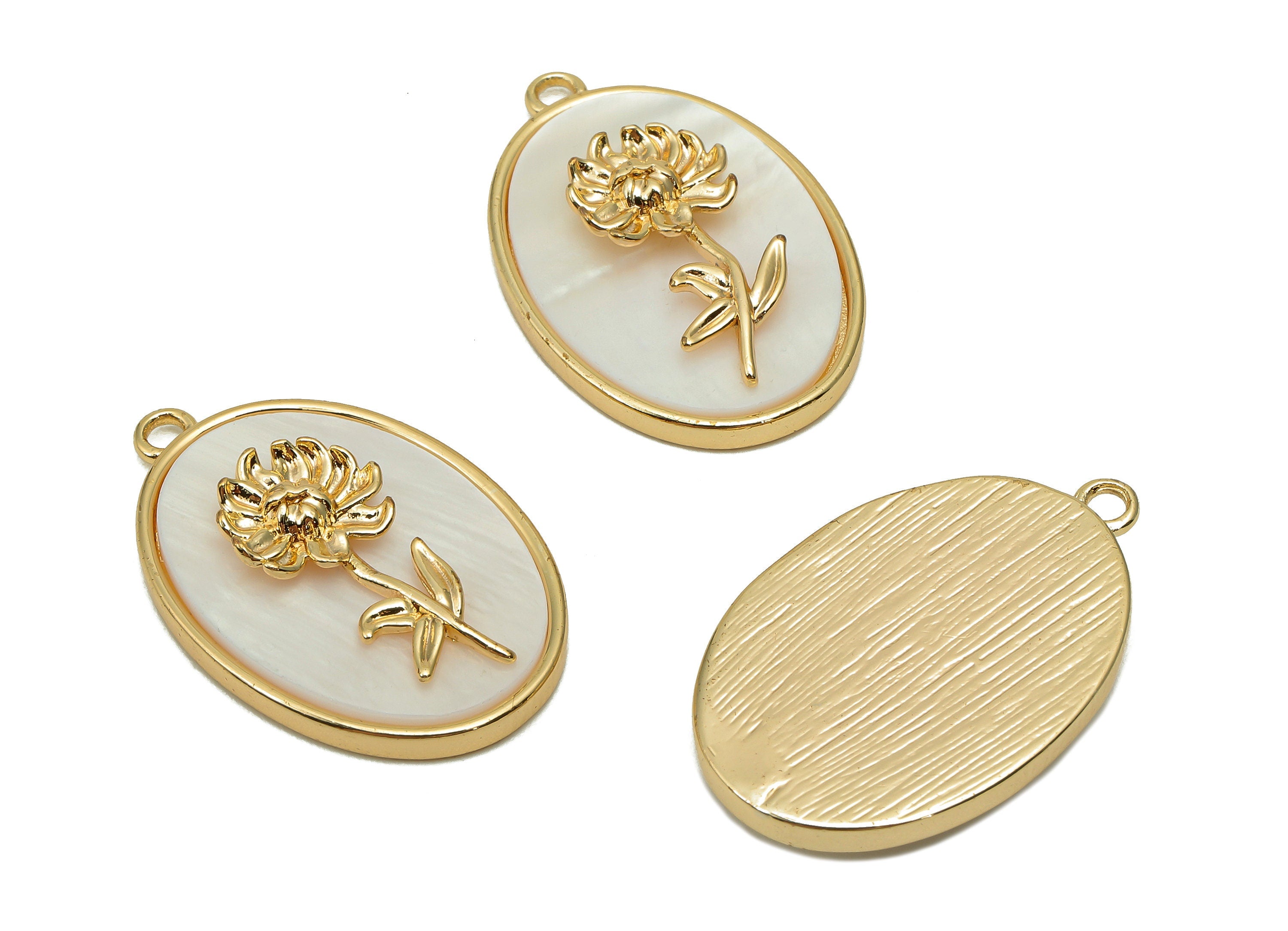 Brass Flower Shell Oval Earring - Pearl Drop Chrysanthemum Pendant - Charm With Loop - 18K Real Gold Plating - 27.1x17.8x4.3mm - RGP5647L - DOMEDBAZAAR