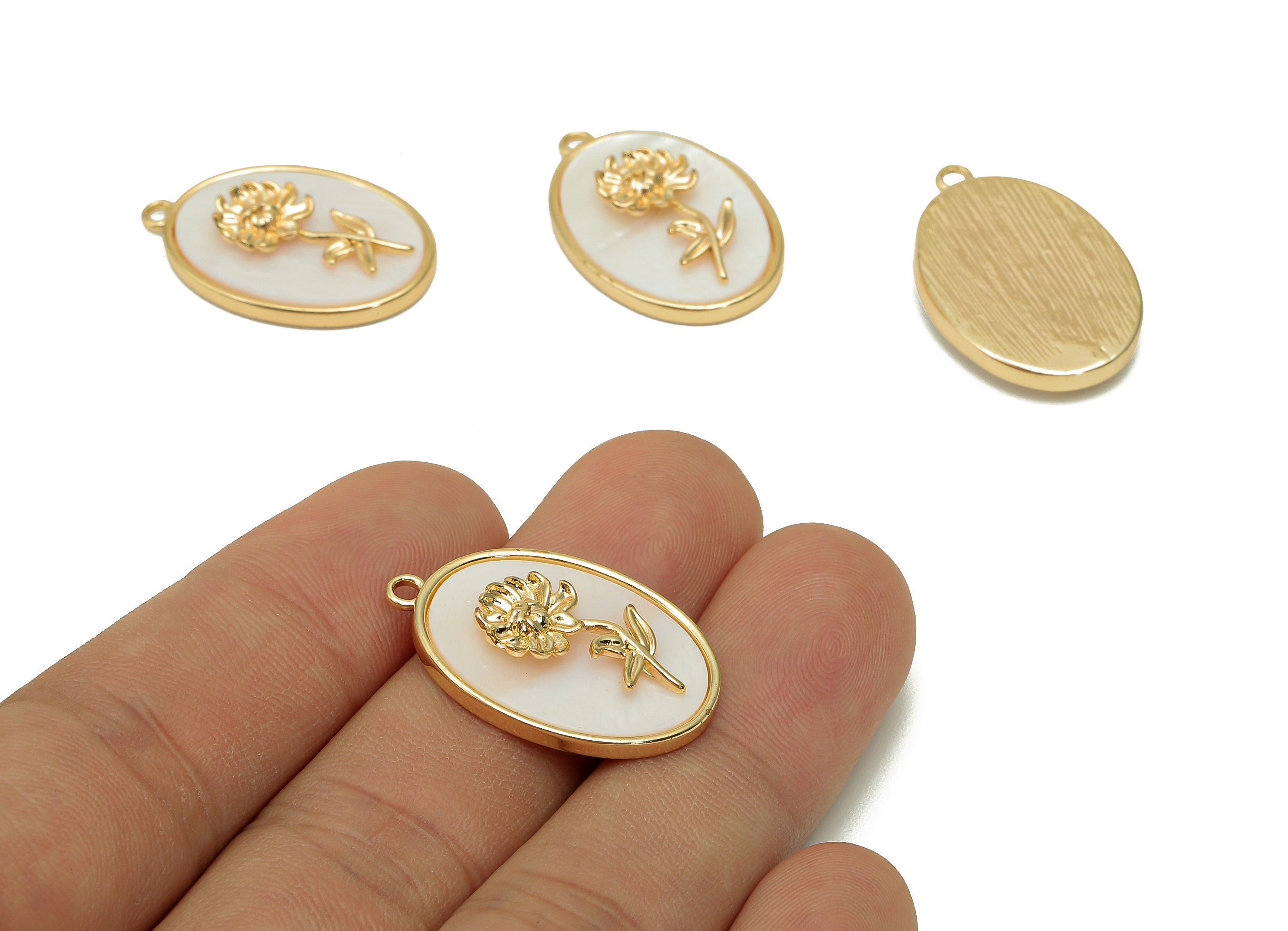 Brass Flower Shell Oval Earring - Pearl Drop Chrysanthemum Pendant - Charm With Loop - 18K Real Gold Plating - 27.1x17.8x4.3mm - RGP5647L - DOMEDBAZAAR