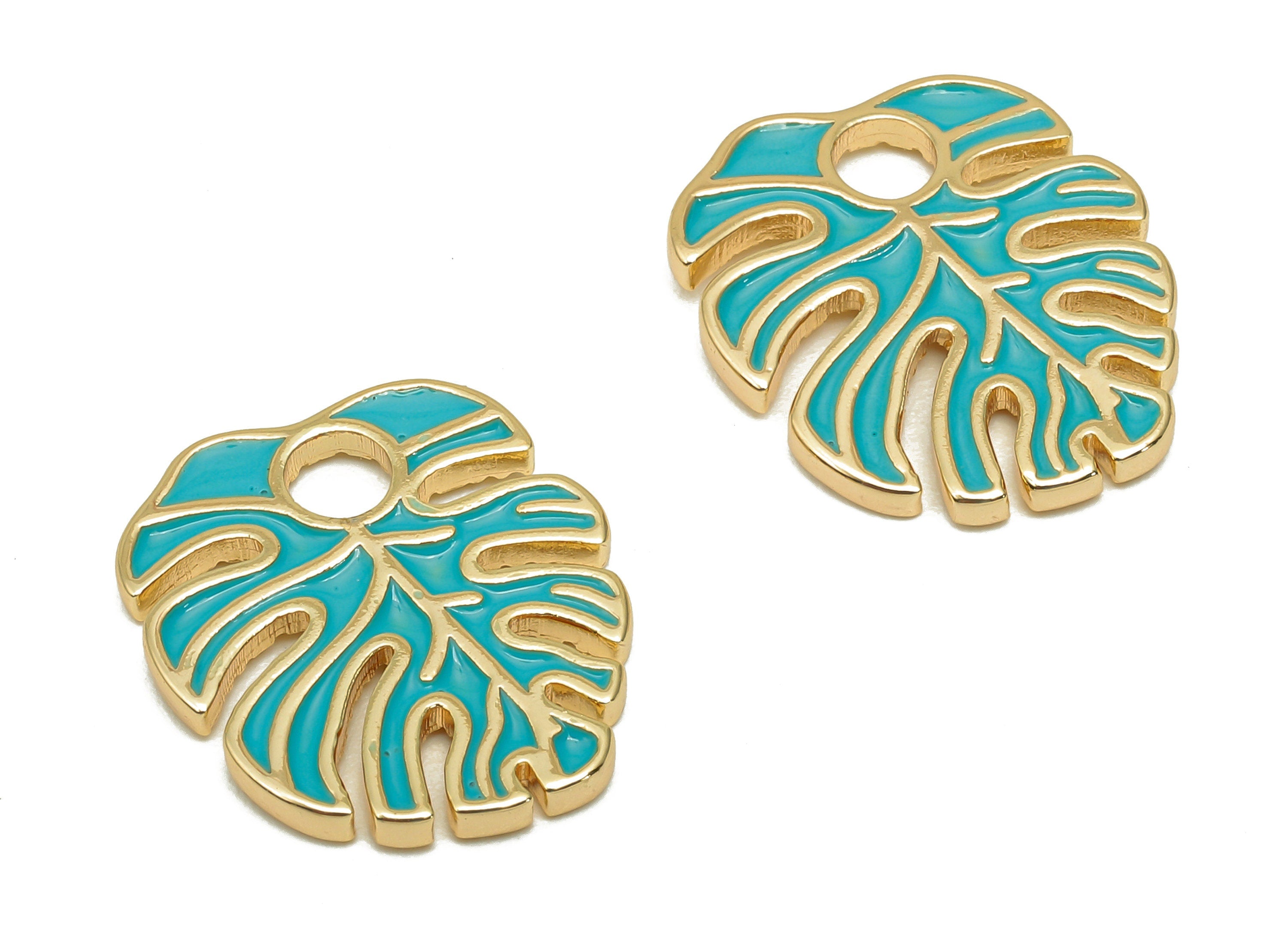 Brass Monstera Leaf Charms - Blue Enamel Dot Leaves Earring - Spot Botanical Pendant - 18K Real Gold Plating - 18.6x15.9x1.6mm -RGP5648B - DOMEDBAZAAR