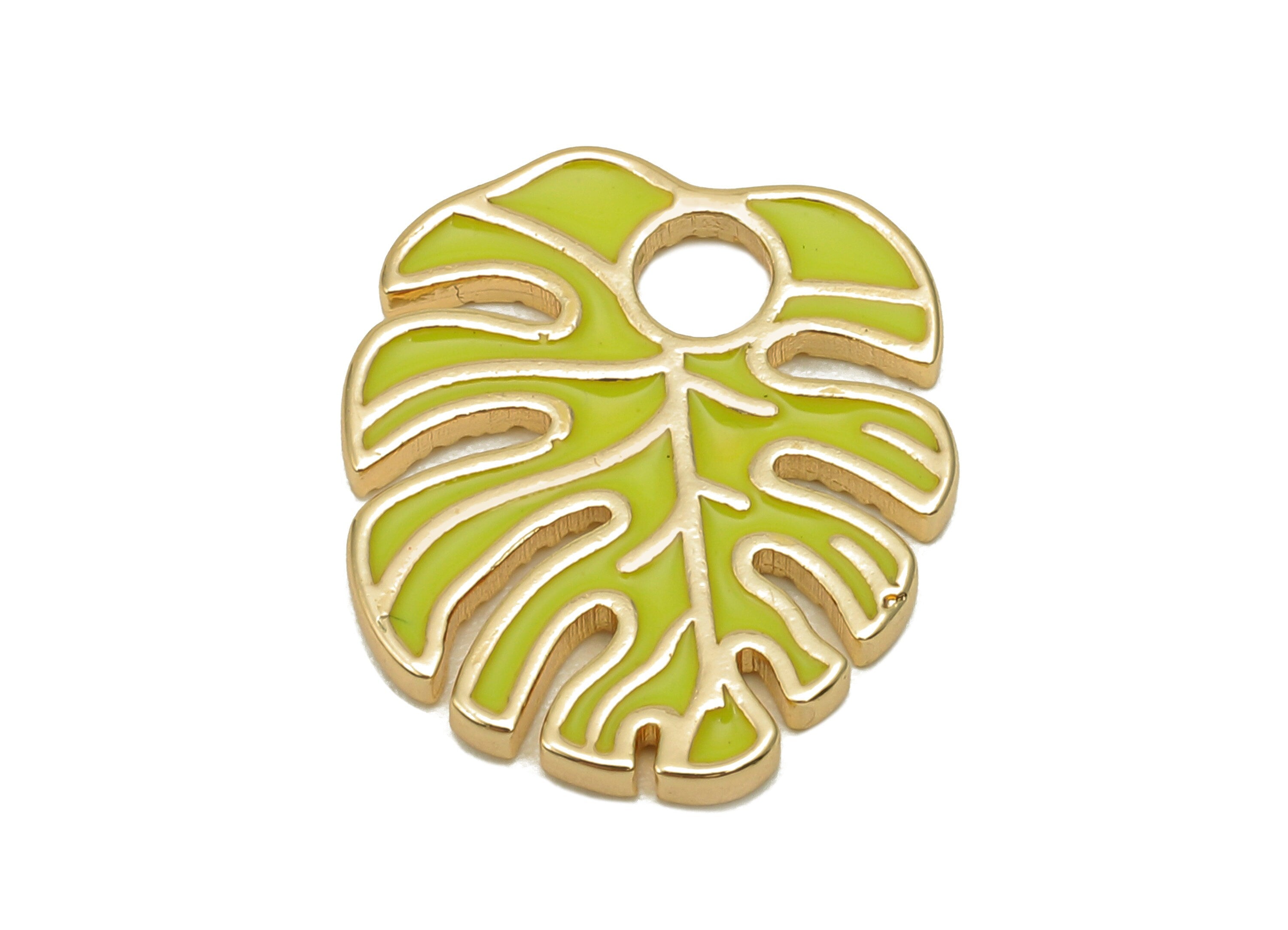 Brass Monstera Leaf Charms - Yellow Enamel Dot Leaves Earring - Spot Botanical Pendant - 18K Real Gold Plating - 18.6x15.9x1.6mm - RGP5648E - DOMEDBAZAAR