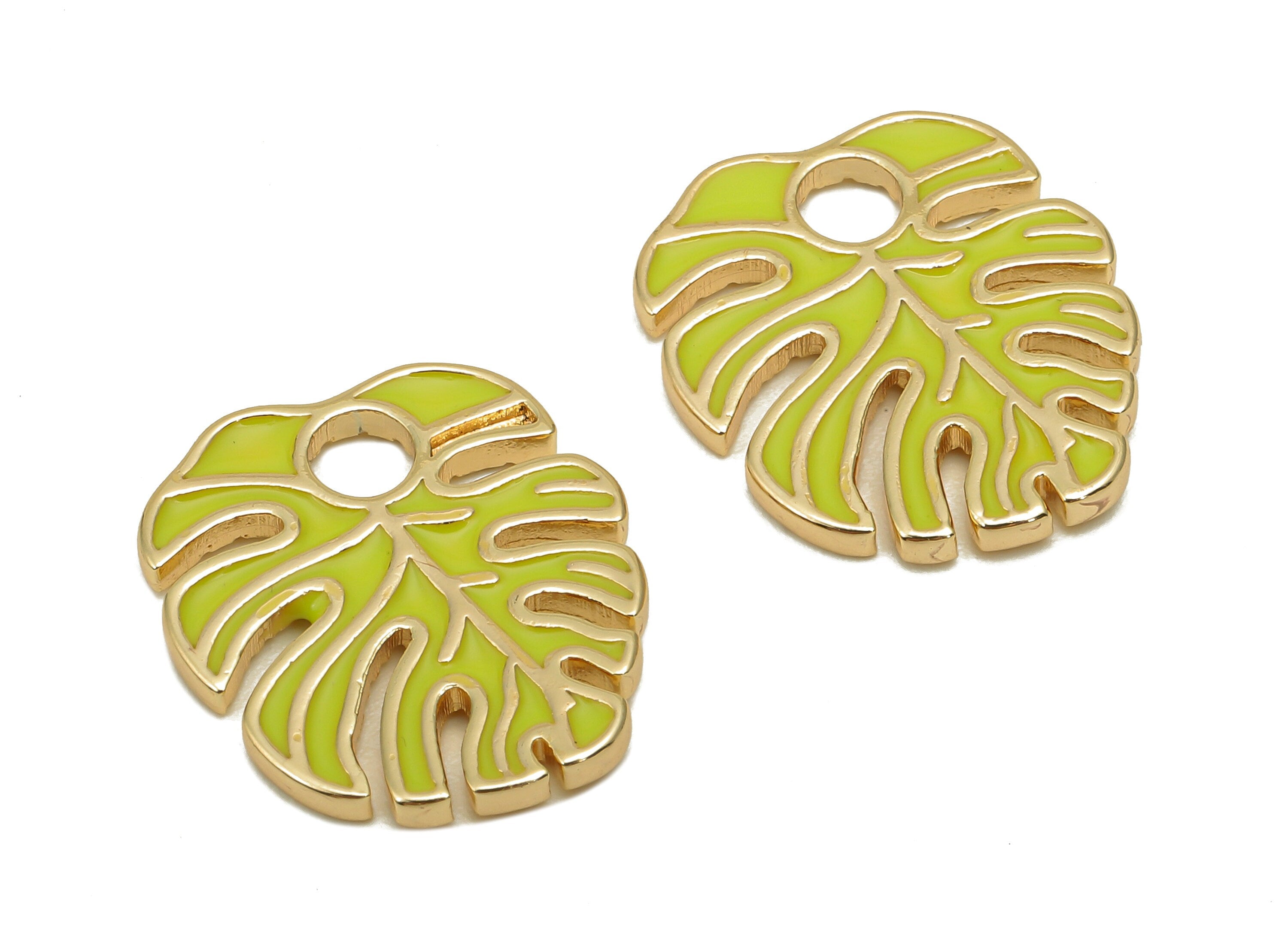 Brass Monstera Leaf Charms - Yellow Enamel Dot Leaves Earring - Spot Botanical Pendant - 18K Real Gold Plating - 18.6x15.9x1.6mm - RGP5648E - DOMEDBAZAAR