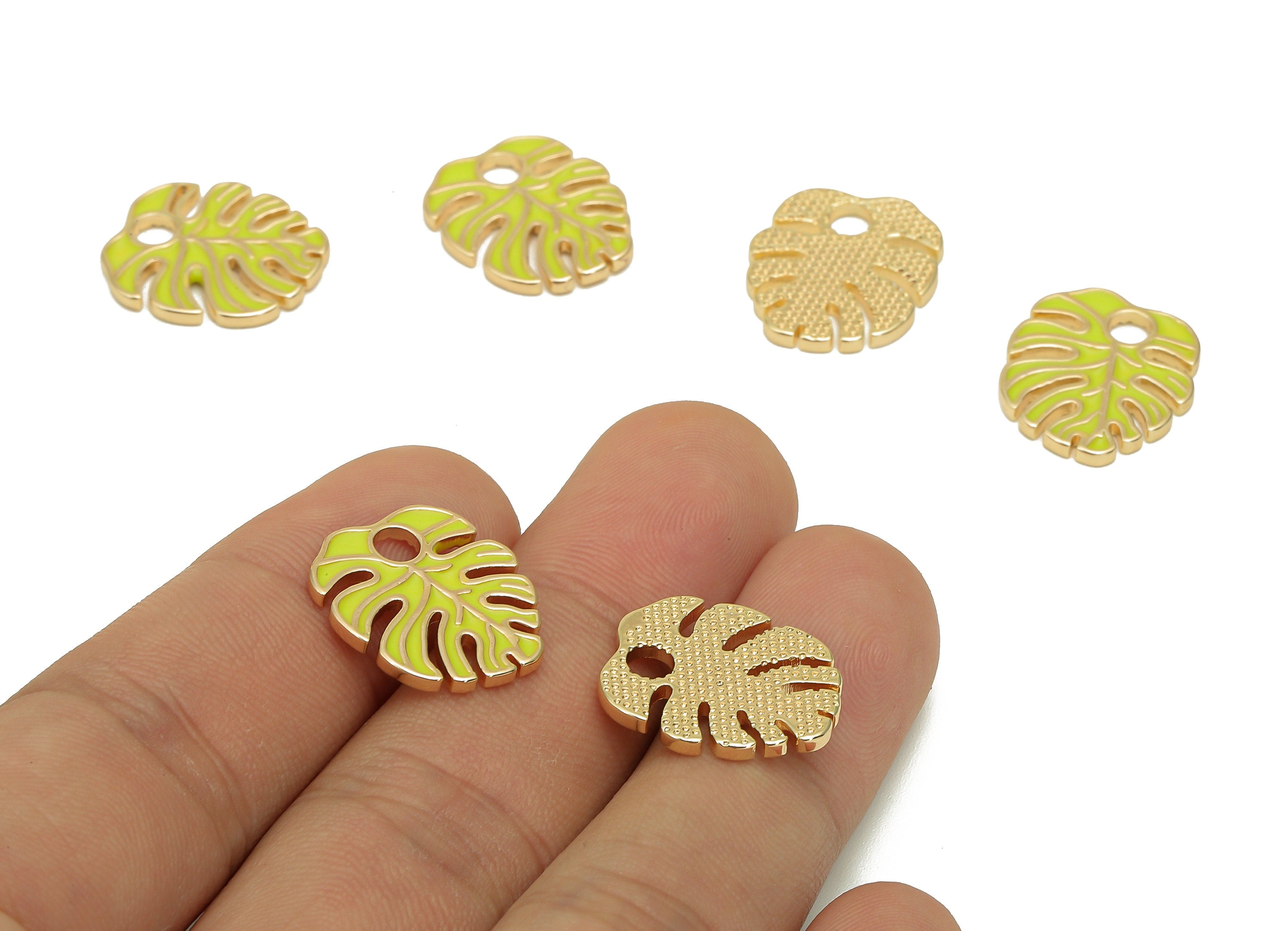 Brass Monstera Leaf Charms - Yellow Enamel Dot Leaves Earring - Spot Botanical Pendant - 18K Real Gold Plating - 18.6x15.9x1.6mm - RGP5648E - DOMEDBAZAAR