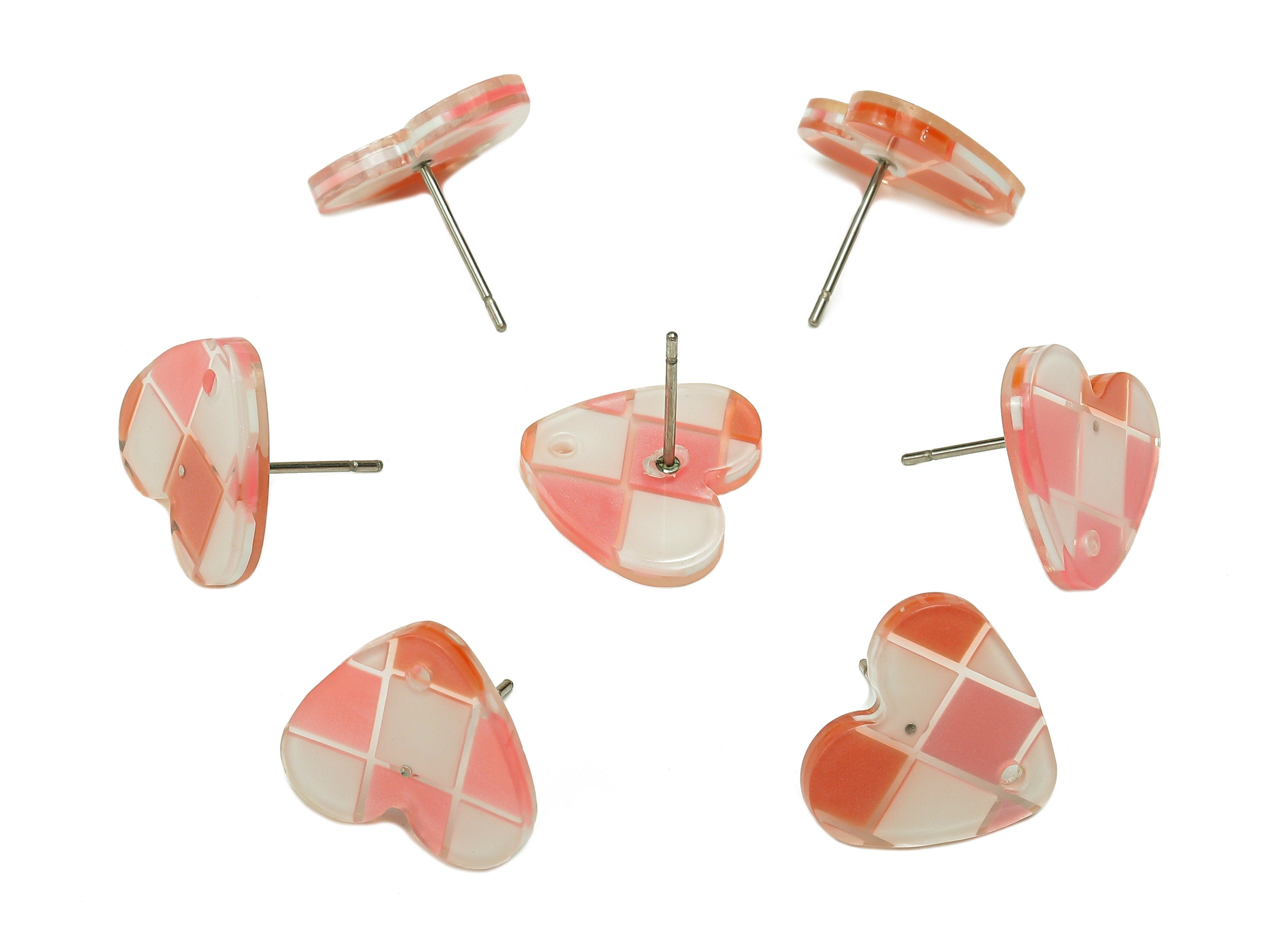 PVC Heart Earring Post - Pink & White Checkered Stud Earring With Hole - 316 Stainless Steel - Color Code: A856 -15.3x13.7x2.3mm-AC2528-A856 - DOMEDBAZAAR
