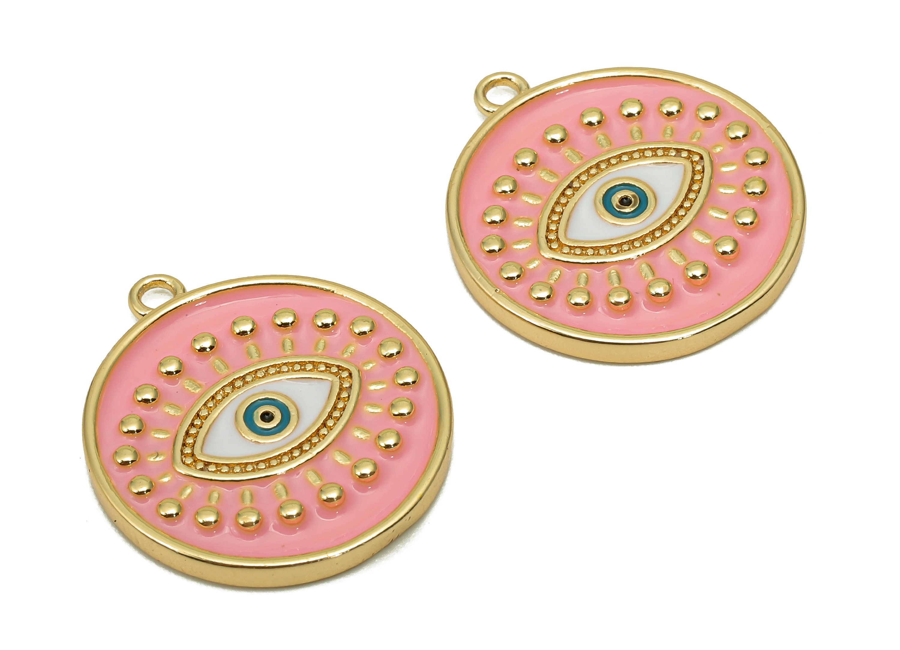 Brass Round Eyelash Pendant - Zircon Eye Pink Enamel Earring - Circle Dot Charm With Loop - 18K Real Gold Plating - 22.6x20.1x2.3mm-RGP5649C - DOMEDBAZAAR