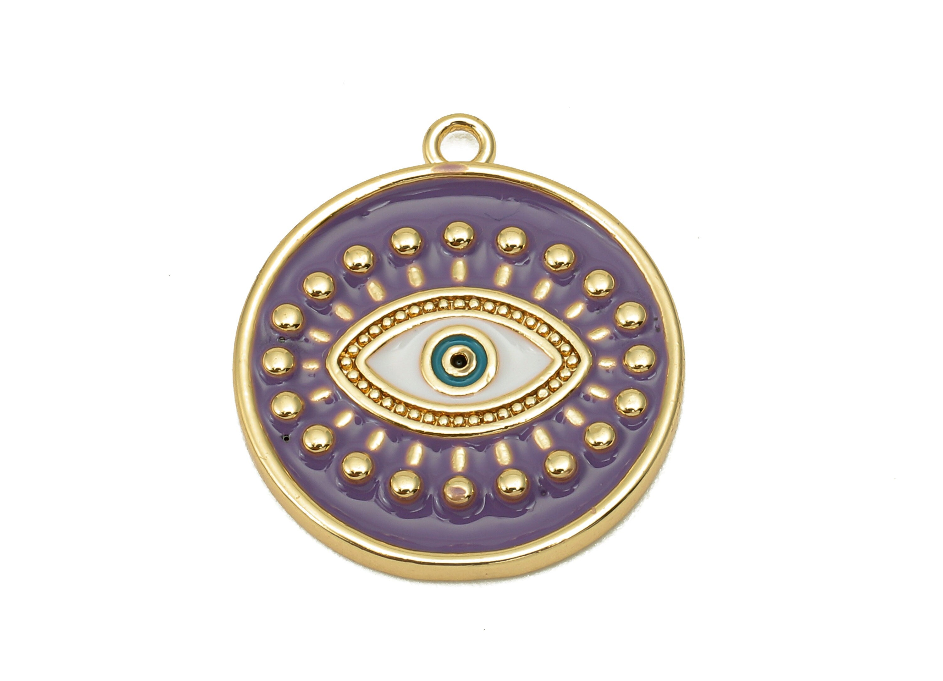 Brass Round Eyelash Pendant - Zircon Eye Purple Enamel Earring - Circle Dot Charm With Loop - 18K Real Gold Plating-22.6x20.1x2.3mm-RGP5649A - DOMEDBAZAAR