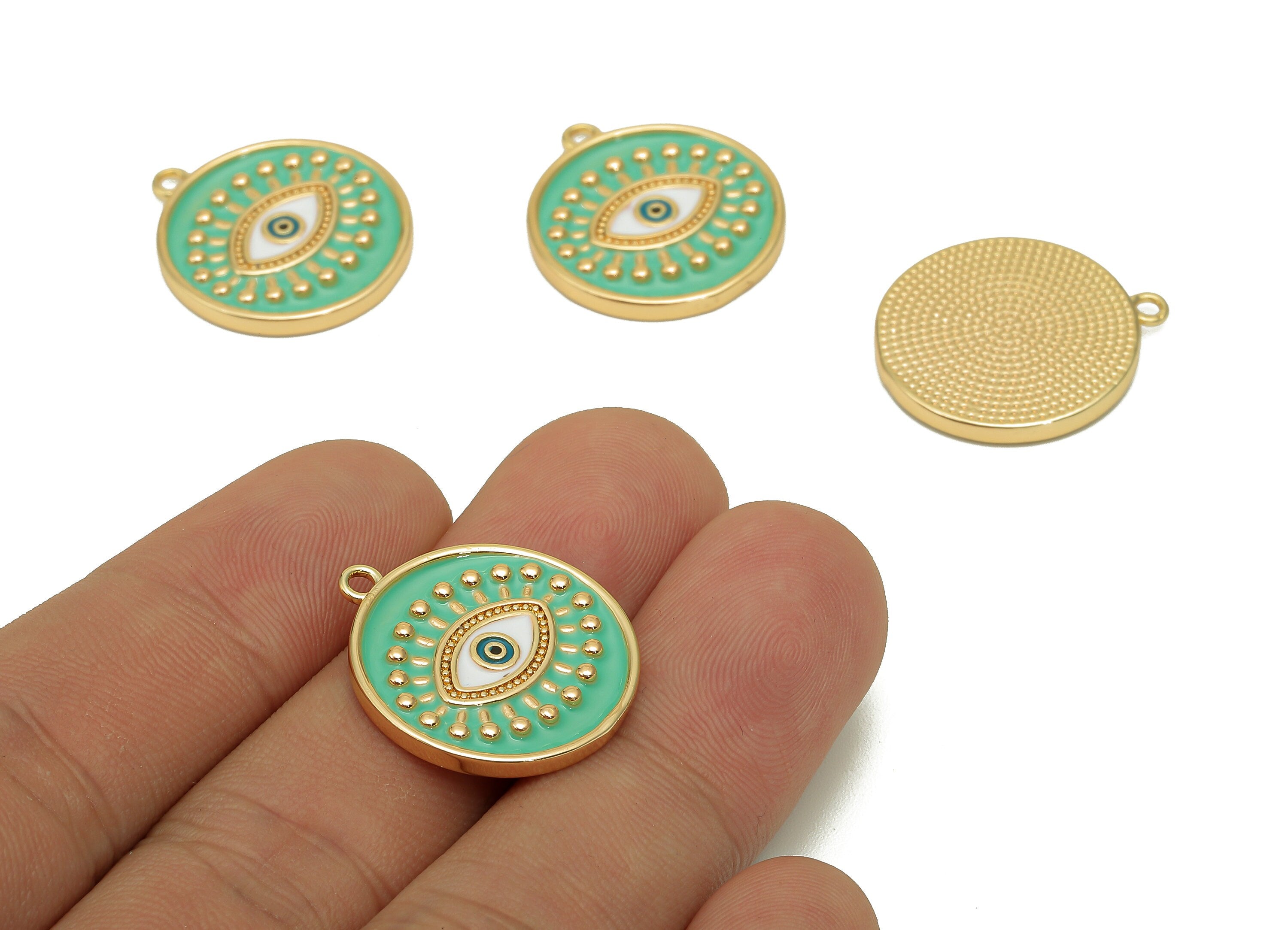 Brass Round Eyelash Pendant - Zircon Eye Light Green Enamel Earring - Dot Charm With Loop - 18K Real Gold Plating - 22.6x20.1x2.3mm-RGP5649B - DOMEDBAZAAR