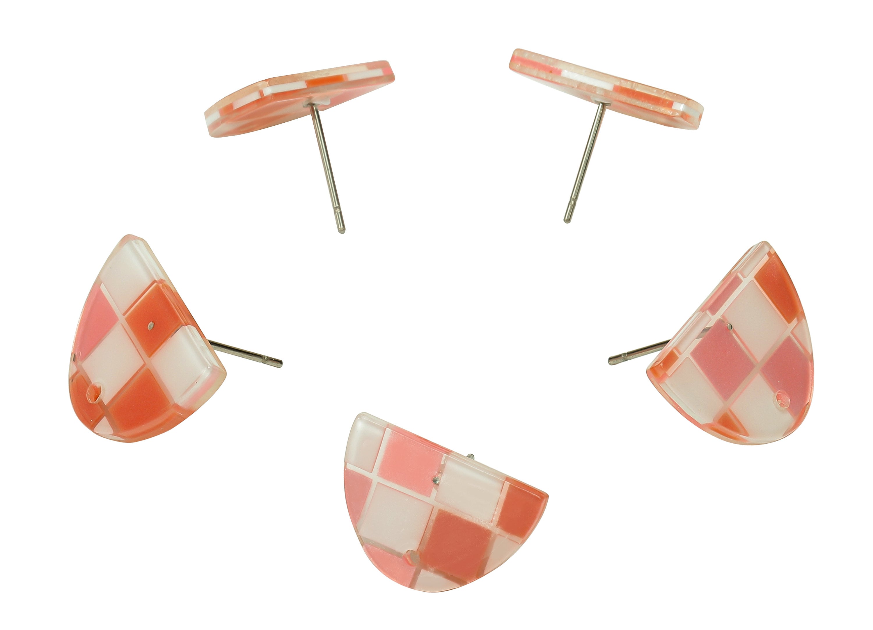 PVC Semicircle Stud Earring - Pink & White Checkered Post With Hole - 316 Stainless Steel - Color Code: A856 - 18.4x12.6x2.3mm - AC2529-A856 - DOMEDBAZAAR