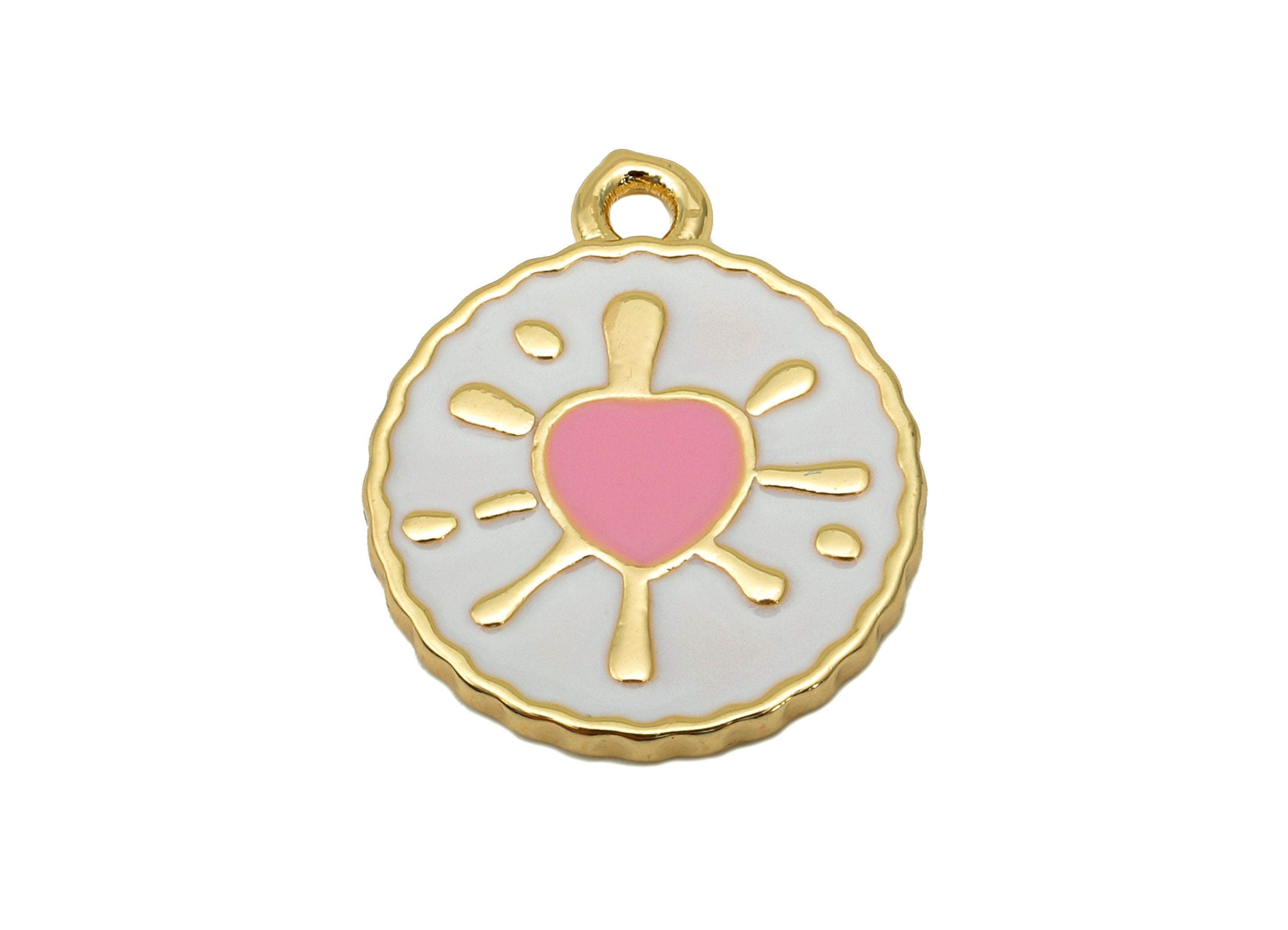 Brass Round Splash Heart Earring - Enamel White & Pink Dot Charm - Spot Pendant With Loop - 18K Real Gold Plating - 18.7x15.9x1.6mm-RGP5651A - DOMEDBAZAAR