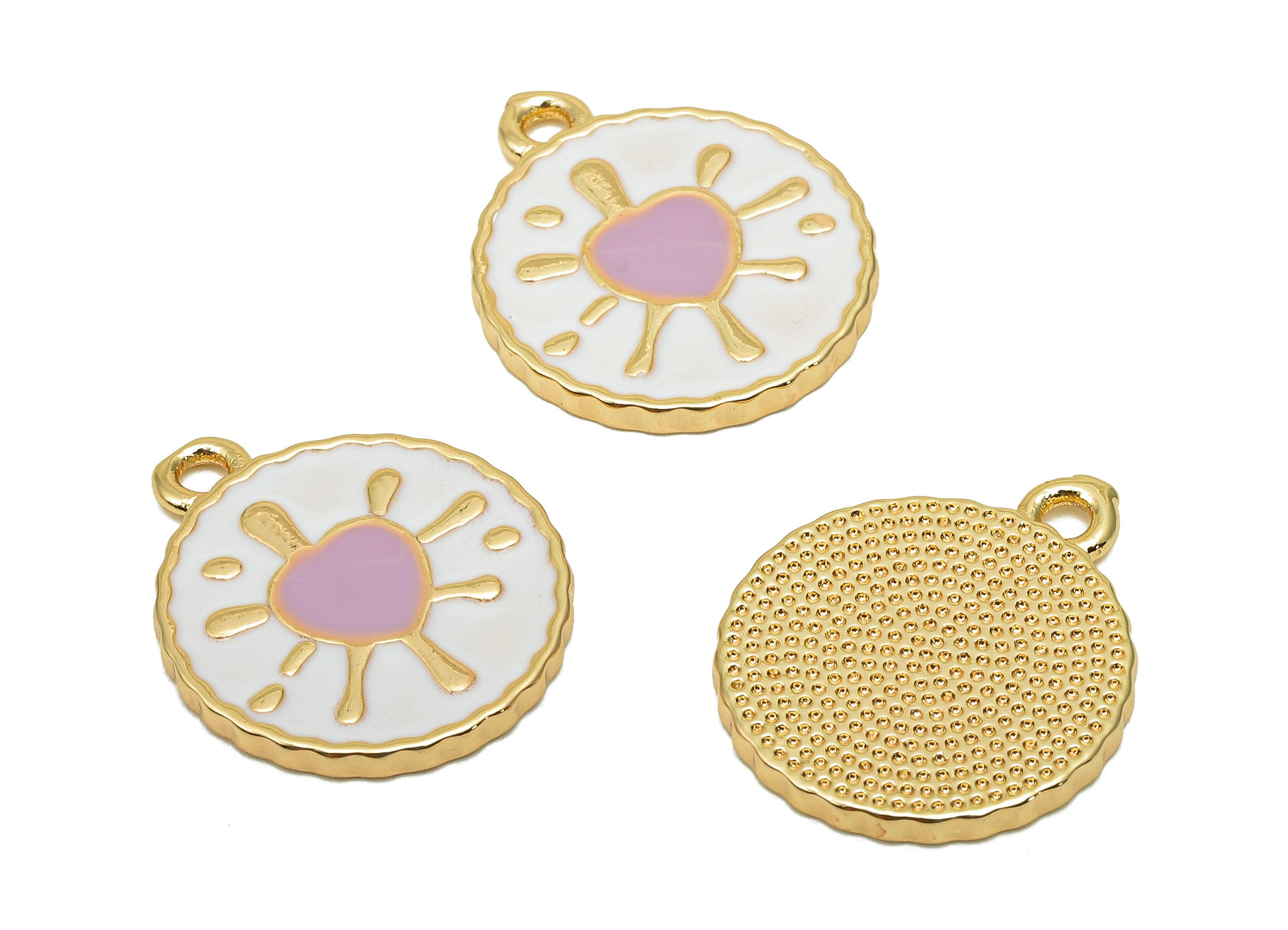 Brass Round Splash Heart Earring - Enamel White & Purple Dot Charm - Spot Pendant With Loop - 18K Real Gold Plating-18.7x15.9x1.6mm-RGP5651B - DOMEDBAZAAR