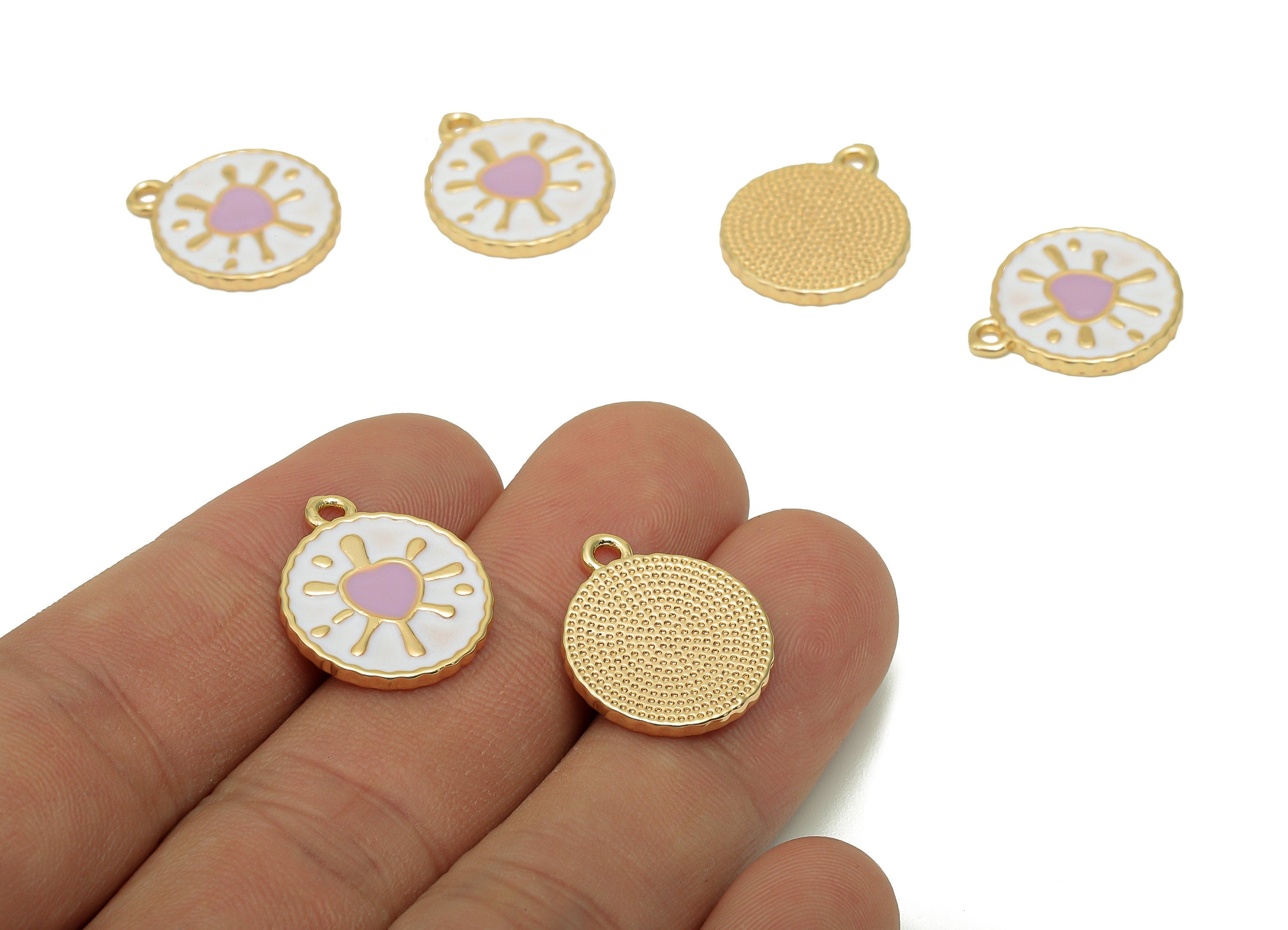 Brass Round Splash Heart Earring - Enamel White & Purple Dot Charm - Spot Pendant With Loop - 18K Real Gold Plating-18.7x15.9x1.6mm-RGP5651B - DOMEDBAZAAR