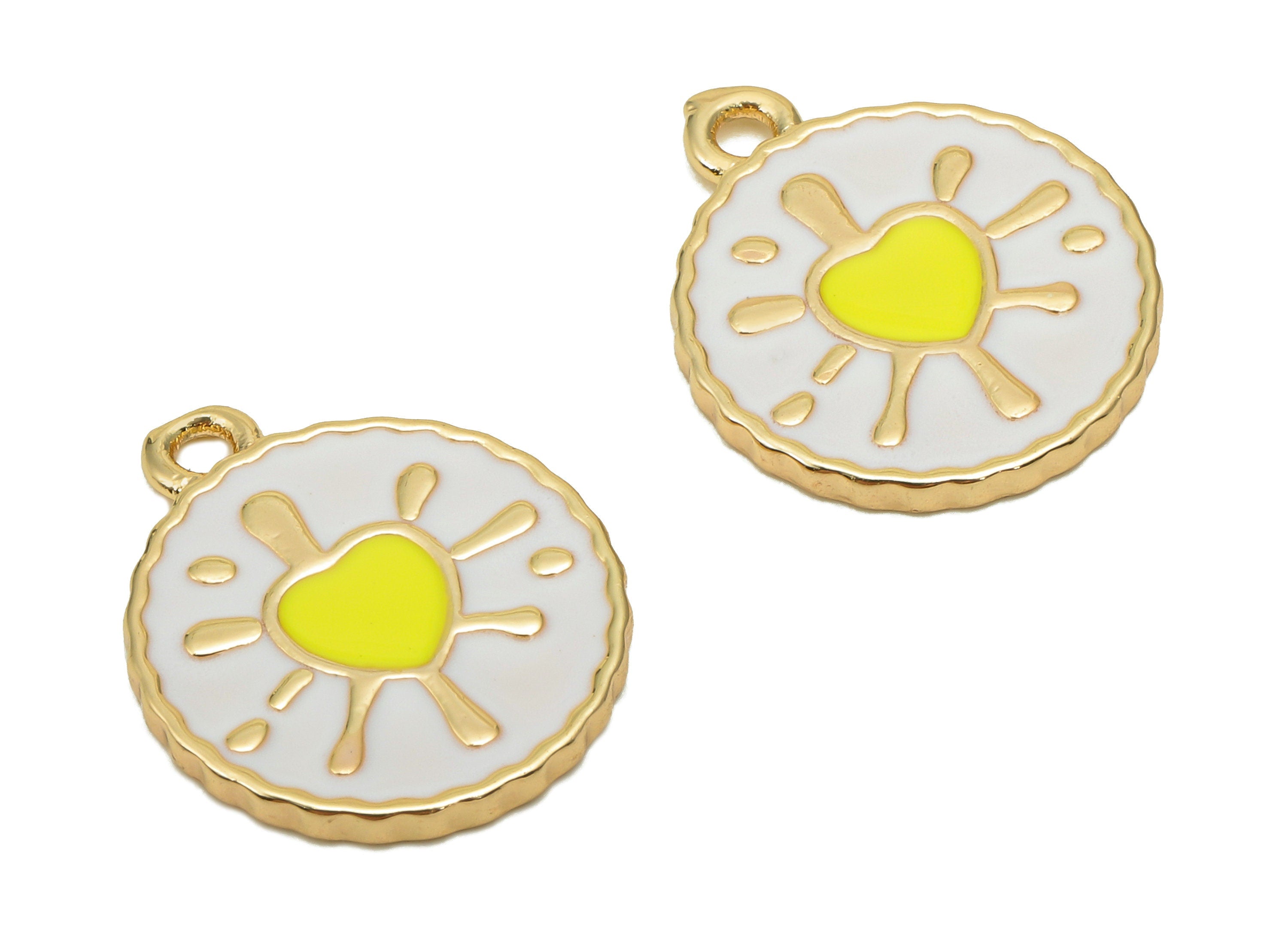 Brass Round Splash Heart Earring - Enamel White & Yellow Dot Charm - Spot Pendant With Loop - 18K Real Gold Plating-18.7x15.9x1.6mm-RGP5651C - DOMEDBAZAAR