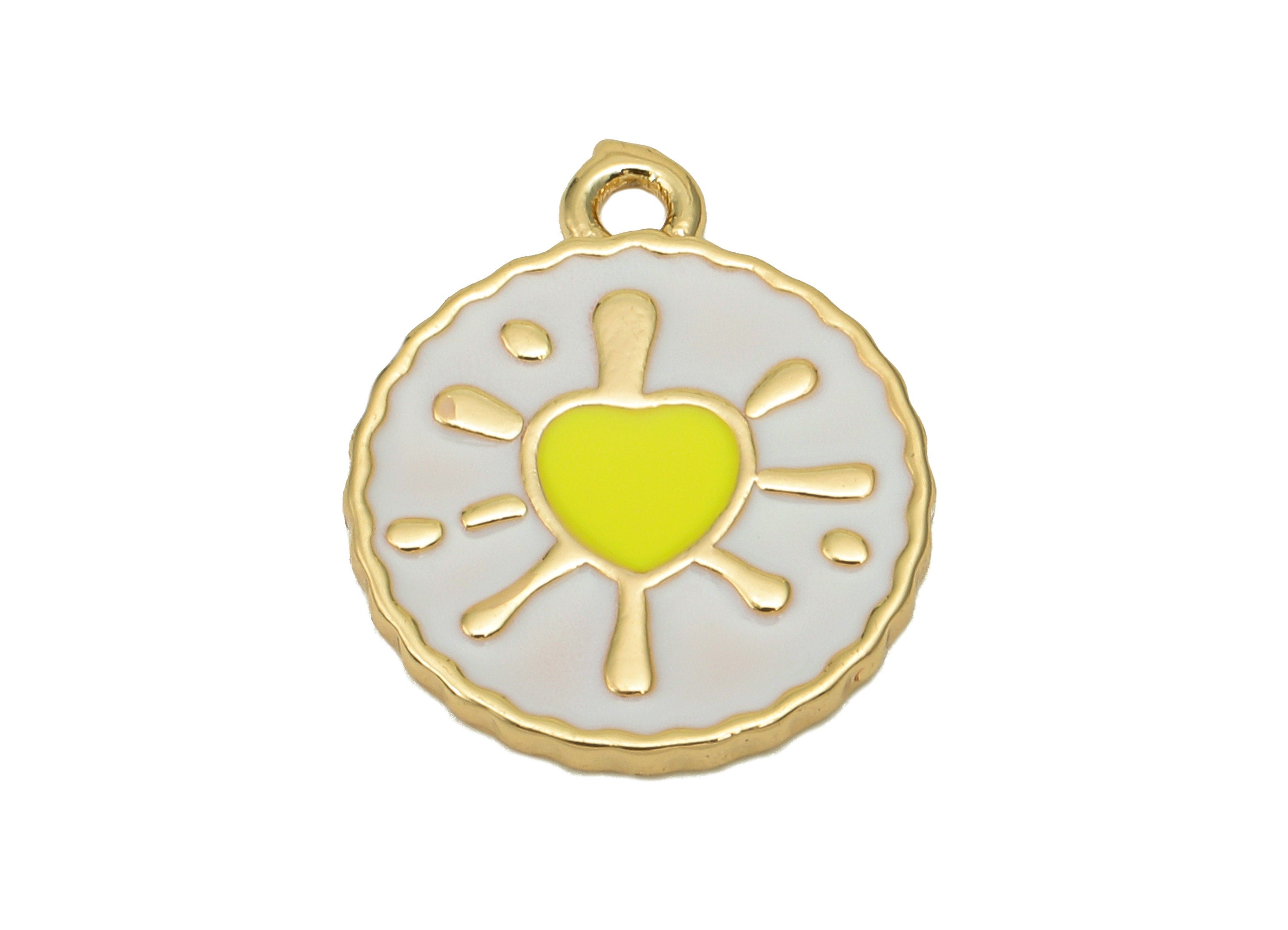 Brass Round Splash Heart Earring - Enamel White & Yellow Dot Charm - Spot Pendant With Loop - 18K Real Gold Plating-18.7x15.9x1.6mm-RGP5651C - DOMEDBAZAAR