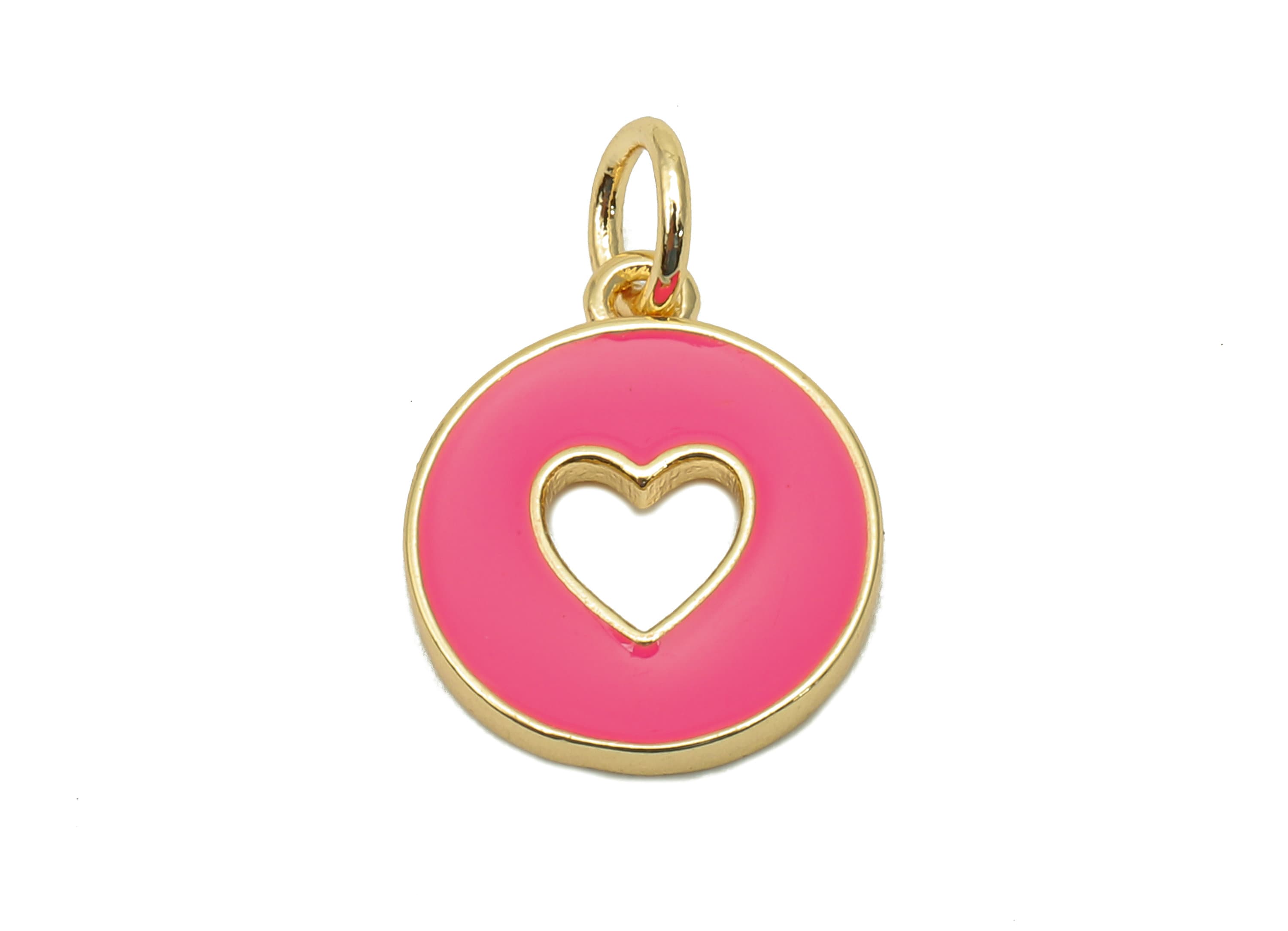 Brass Round Heart Hollow Earring - Enamel Pink Mini Circle Charm - Pendant With Loop - 18K Real Gold Plating - 17.4x11.9x1.6mm - RGP5652B - DOMEDBAZAAR