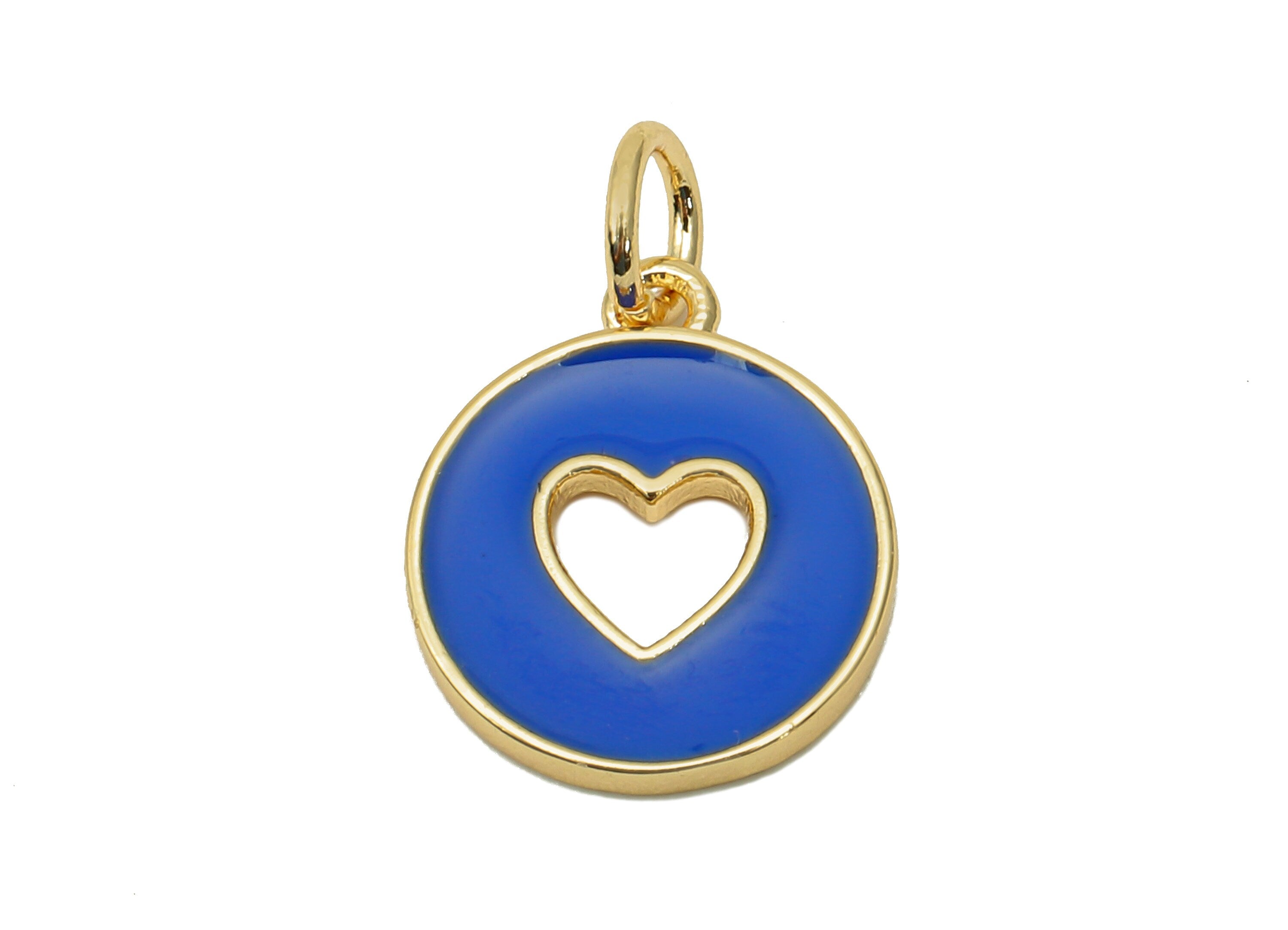 Brass Round Heart Hollow Earring - Enamel Navy Mini Circle Charm - Pendant With Loop - 18K Real Gold Plating - 17.4x11.9x1.6mm - RGP5652D - DOMEDBAZAAR