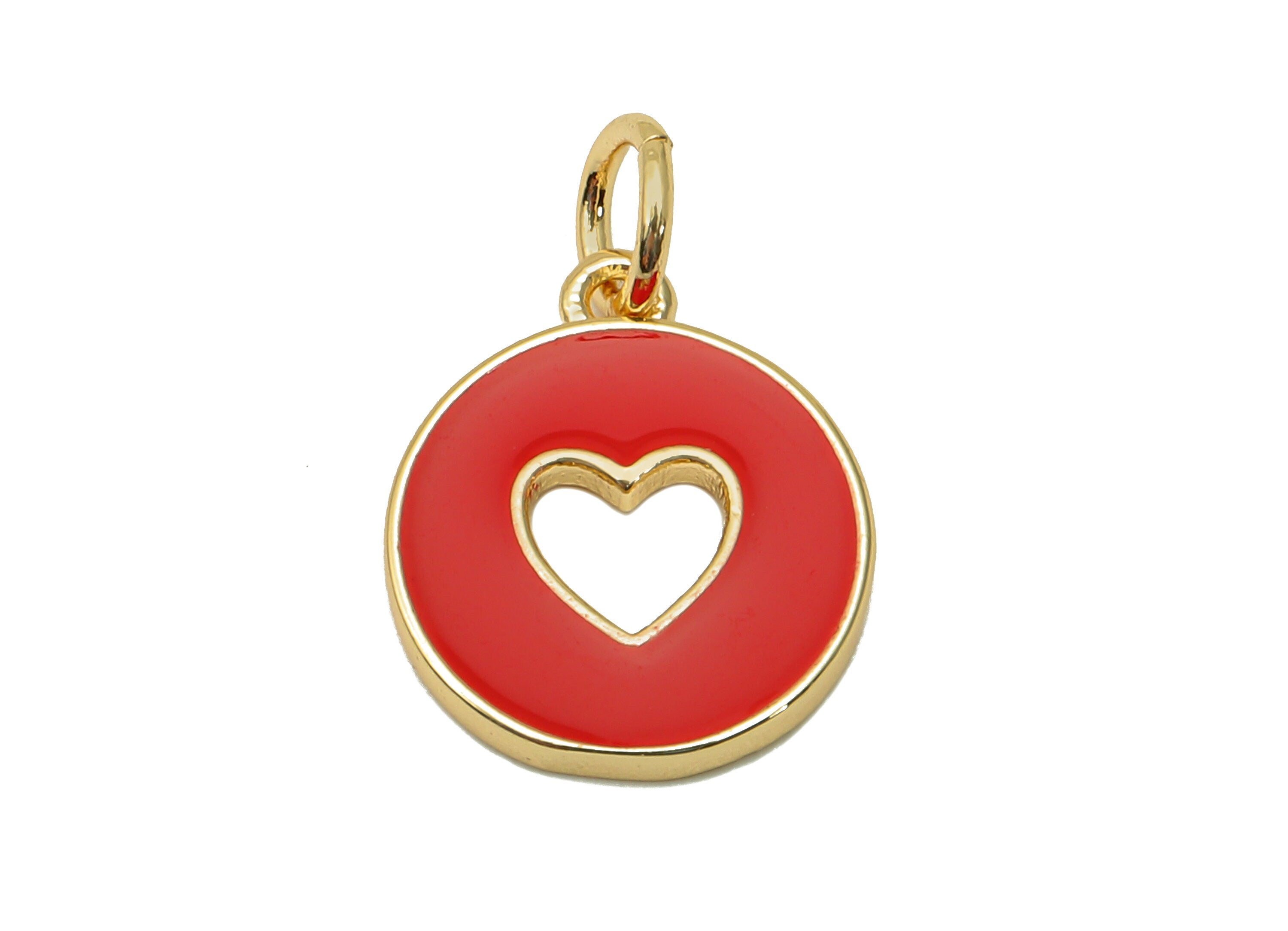 Brass Round Heart Hollow Earring - Enamel Red Mini Circle Charm - Pendant With Loop - 18K Real Gold Plating - 17.4x11.9x1.6mm - RGP5652E - DOMEDBAZAAR