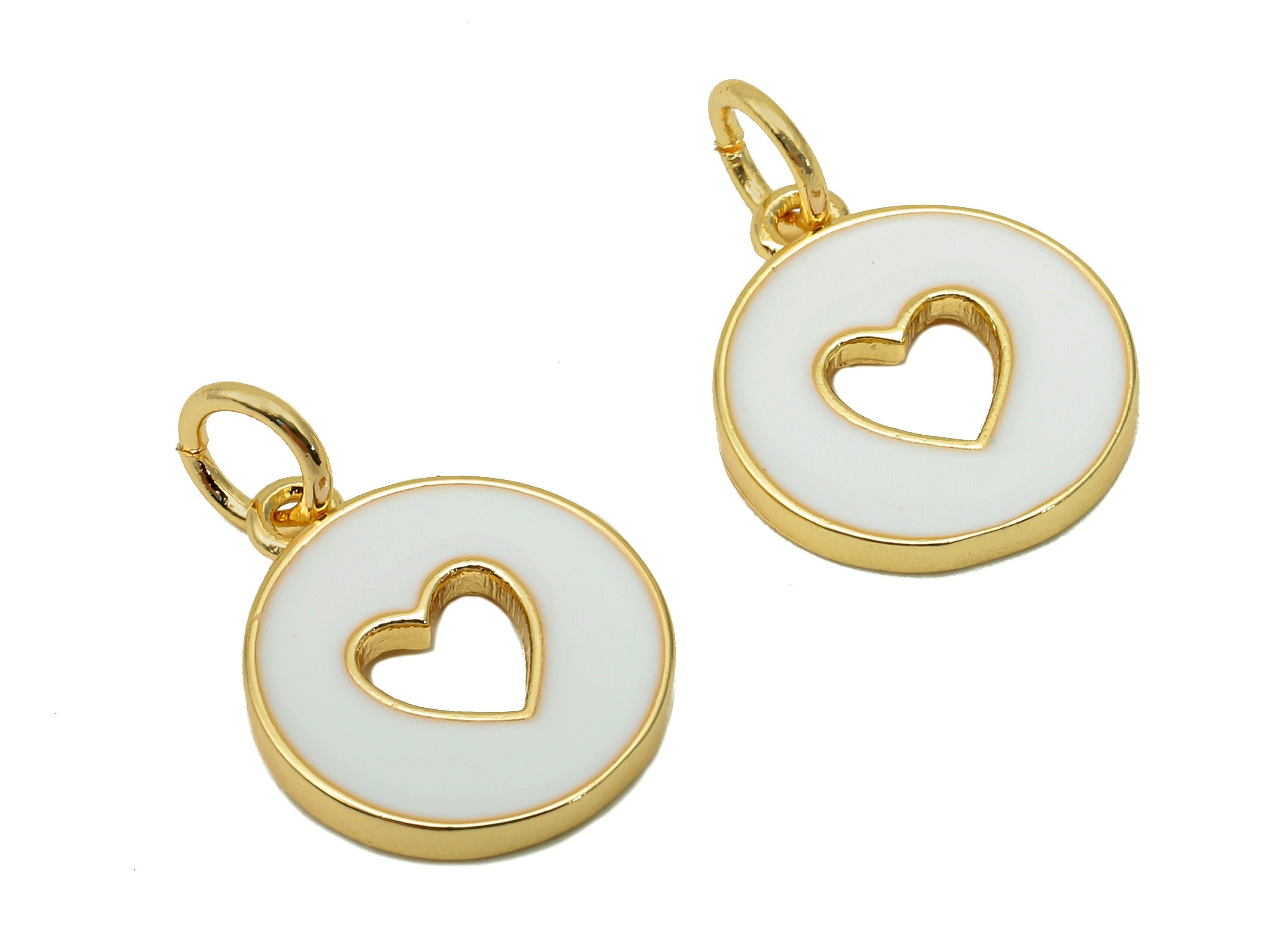 Brass Round Heart Hollow Earring - Enamel White Mini Circle Charm - Pendant With Loop - 18K Real Gold Plating - 17.4x11.9x1.6mm - RGP5652C - DOMEDBAZAAR