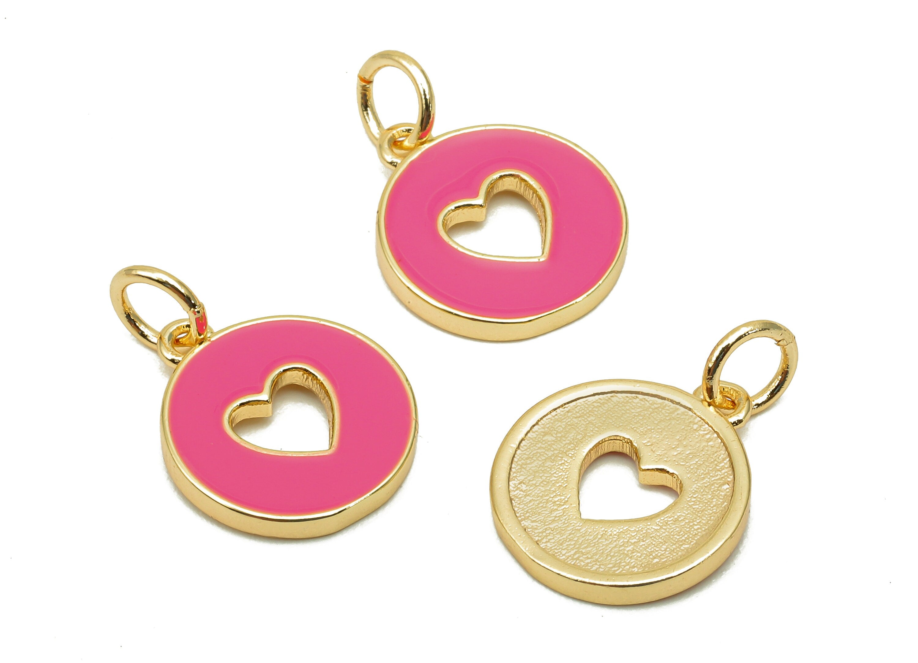 Brass Round Heart Hollow Earring - Enamel Pink Mini Circle Charm - Pendant With Loop - 18K Real Gold Plating - 17.4x11.9x1.6mm - RGP5652B - DOMEDBAZAAR