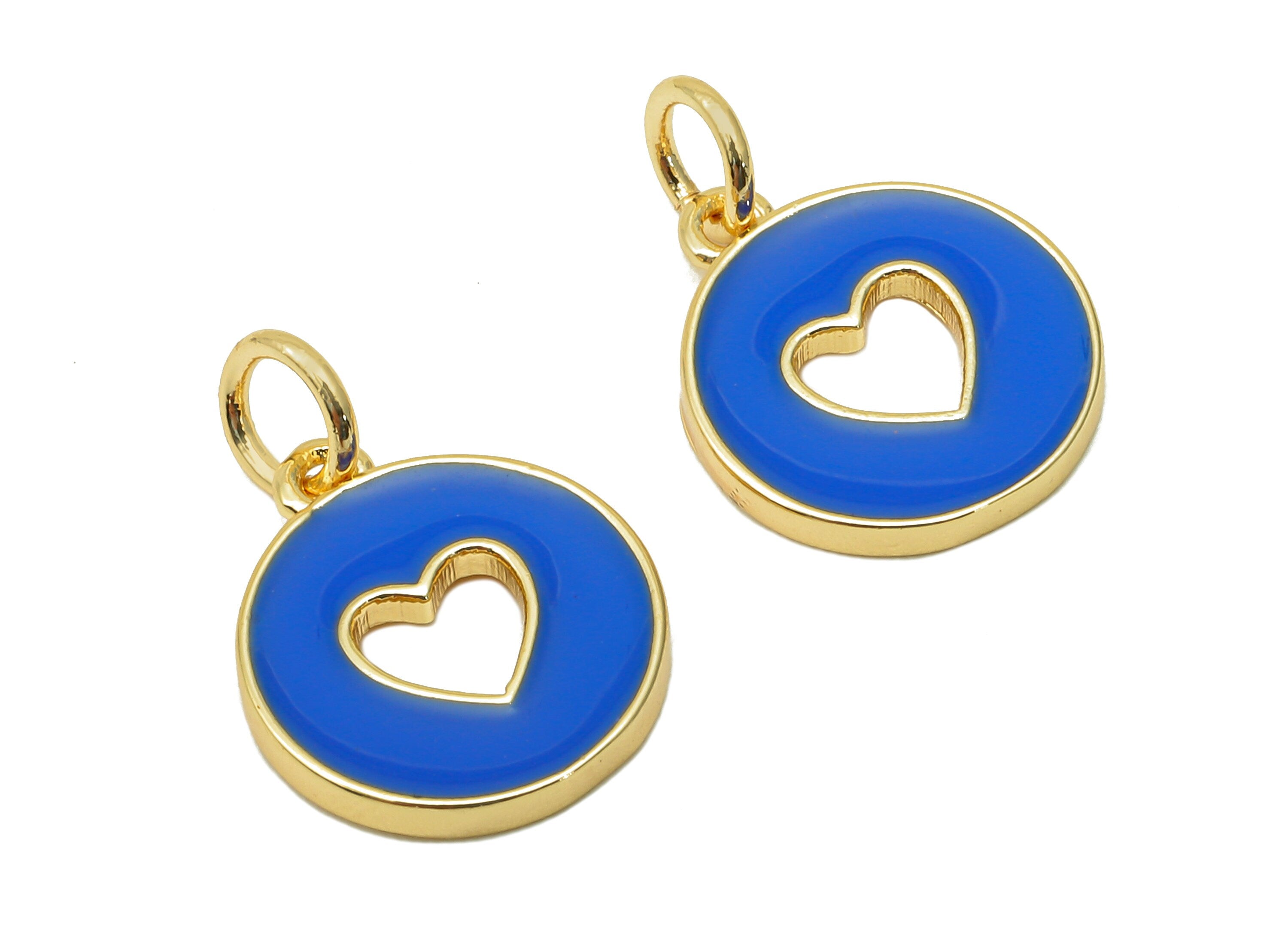 Brass Round Heart Hollow Earring - Enamel Navy Mini Circle Charm - Pendant With Loop - 18K Real Gold Plating - 17.4x11.9x1.6mm - RGP5652D - DOMEDBAZAAR