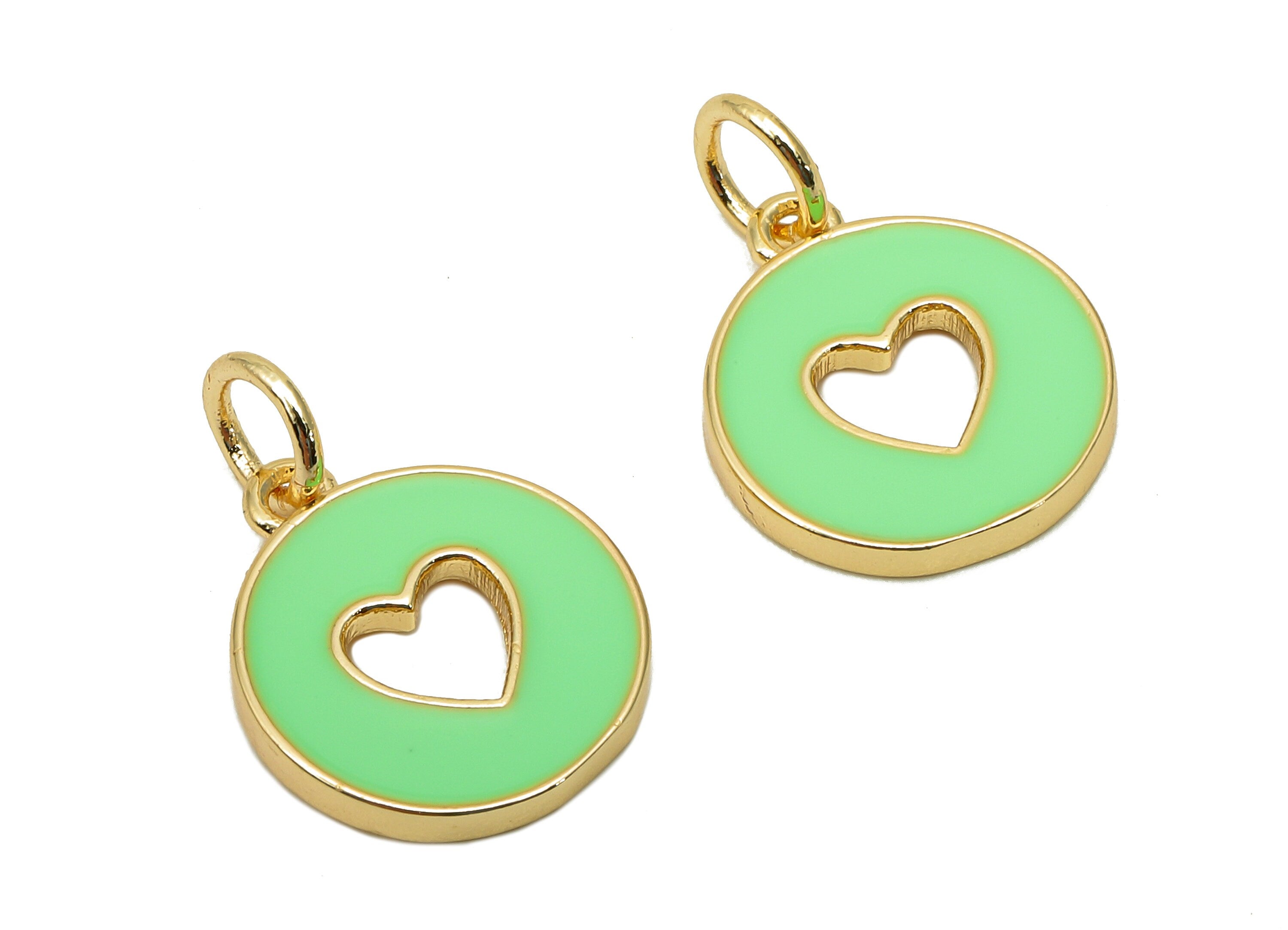 Brass Round Heart Hollow Earring - Enamel Light Green Circle Charm - Pendant With Loop - 18K Real Gold Plating - 17.4x11.9x1.6mm - RGP5652F - DOMEDBAZAAR
