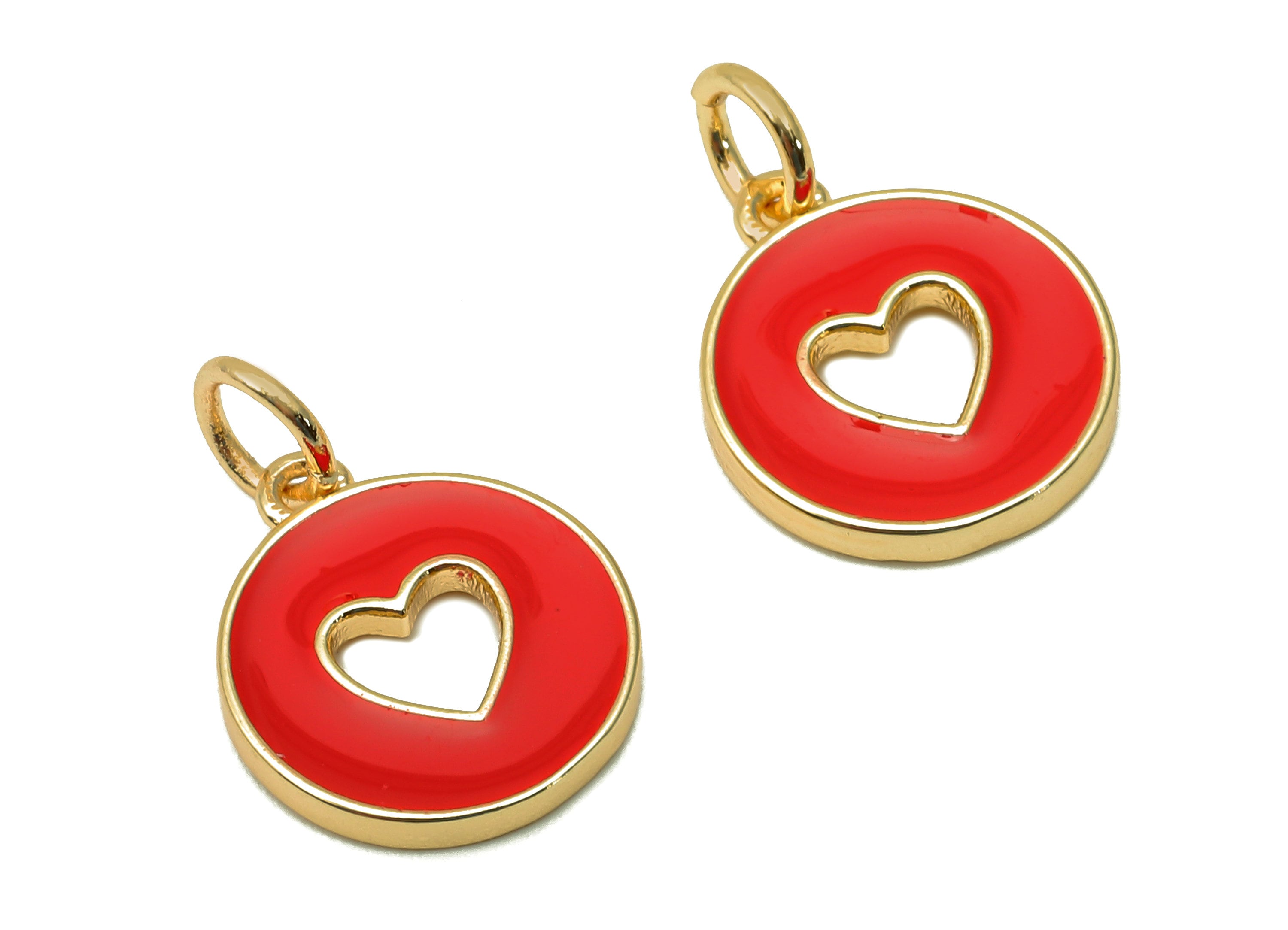 Brass Round Heart Hollow Earring - Enamel Red Mini Circle Charm - Pendant With Loop - 18K Real Gold Plating - 17.4x11.9x1.6mm - RGP5652E - DOMEDBAZAAR