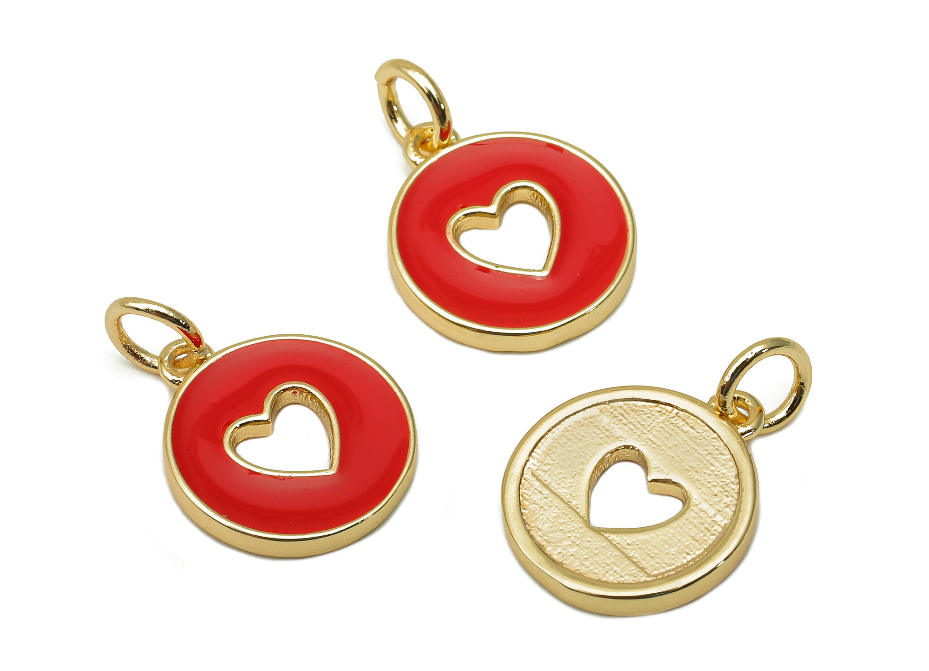 Brass Round Heart Hollow Earring - Enamel Red Mini Circle Charm - Pendant With Loop - 18K Real Gold Plating - 17.4x11.9x1.6mm - RGP5652E - DOMEDBAZAAR