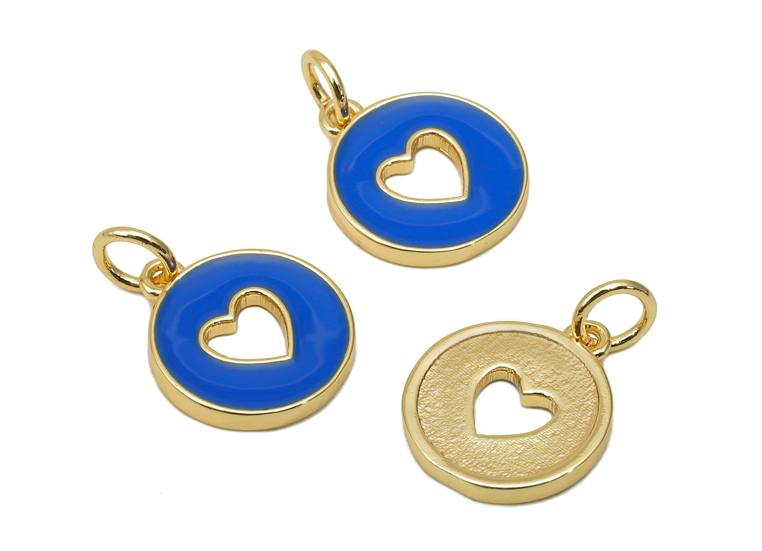 Brass Round Heart Hollow Earring - Enamel Navy Mini Circle Charm - Pendant With Loop - 18K Real Gold Plating - 17.4x11.9x1.6mm - RGP5652D - DOMEDBAZAAR